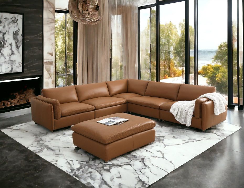 Brighton - Top Grain Leather 6 Pieces Modular Sectional With 1 Ottoman - Brown