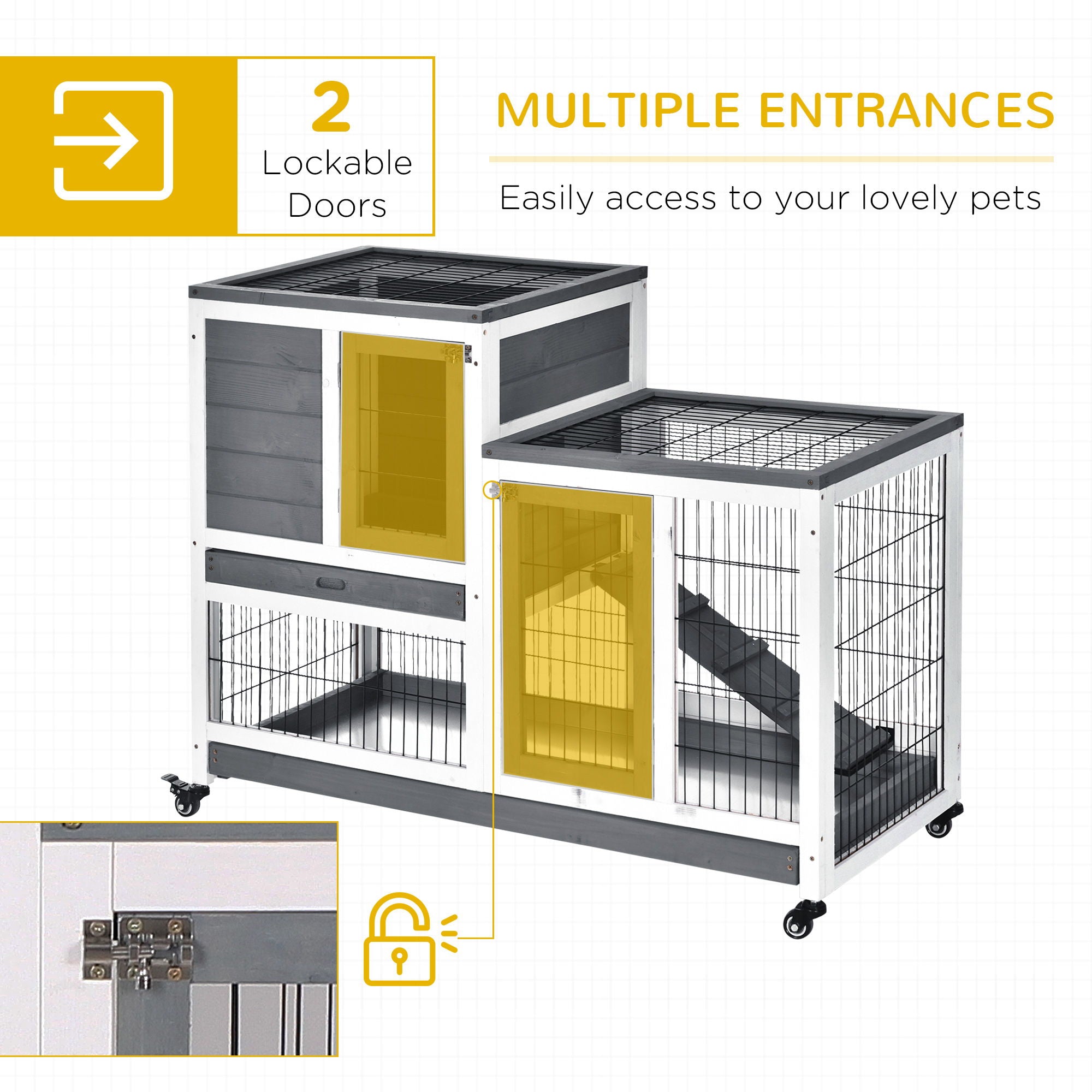 Pawhut - Wooden Rabbit Hutch Elevated Bunny Cage Indoor Small Animal Habitat With Enclosed Run With Wheels, Ramp, Removable Tray Ideal For Guinea Pigs - Gray