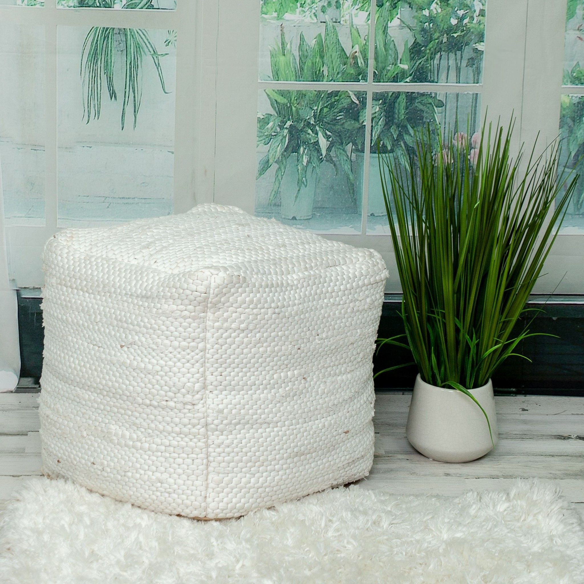 Chic Chunky Textured Pouf - White