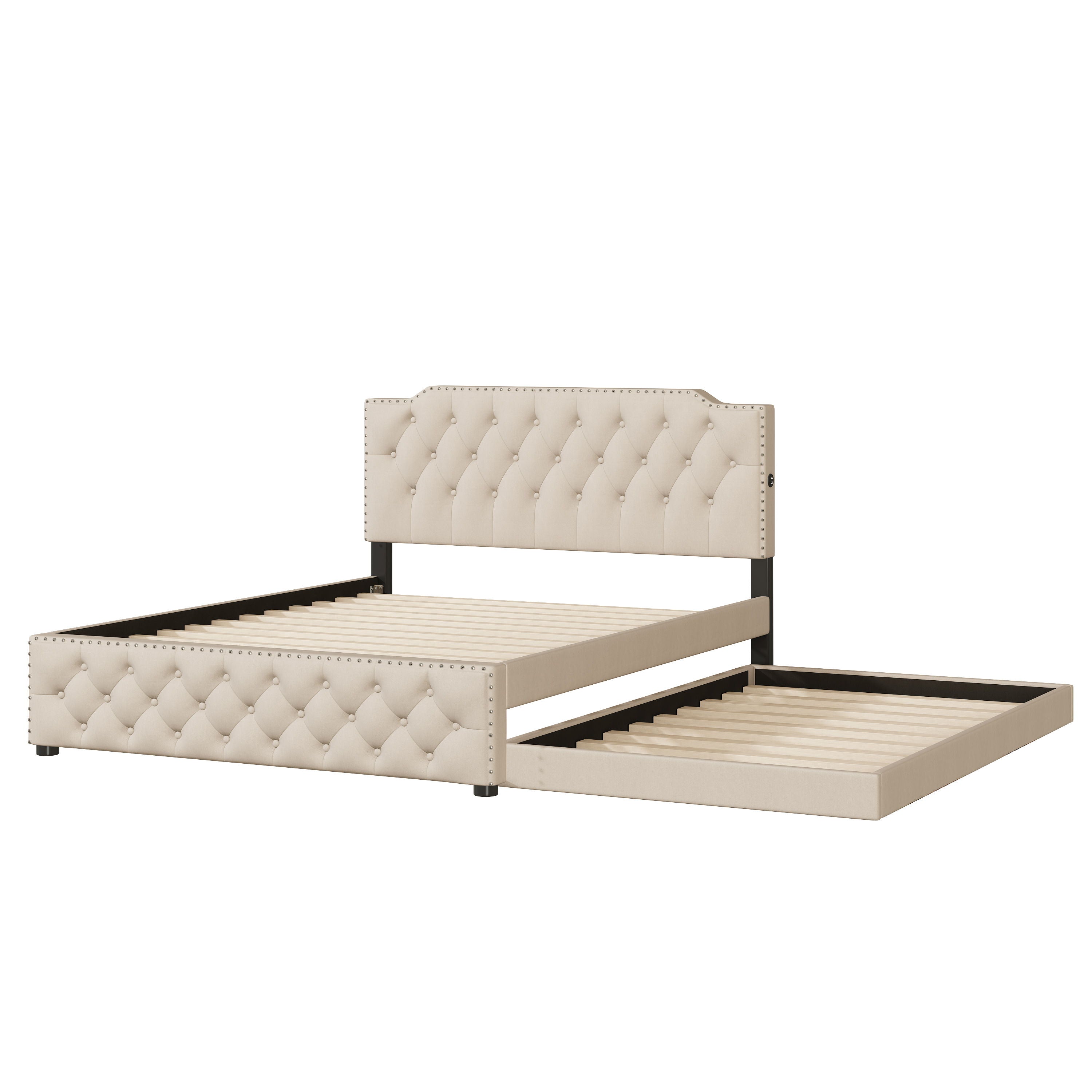 Upholstered Platform Bed With Twin Size Trundle And 2 Sets Of USB Ports On Each Side, Linen Fabric