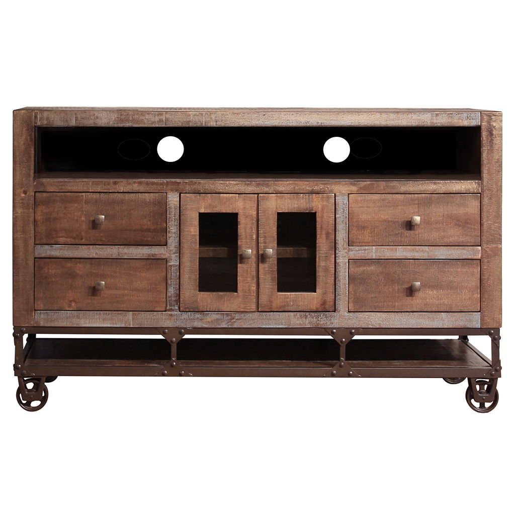 Cabinet Enclosed Storage Distressed, TV Stand - Brown