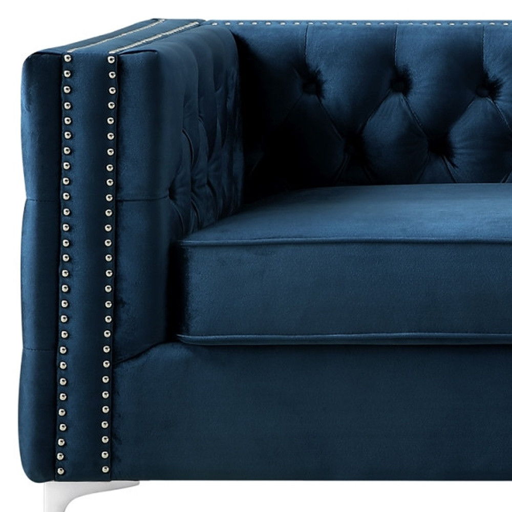 Velvet Sofa With Silver Legs - Navy Blue