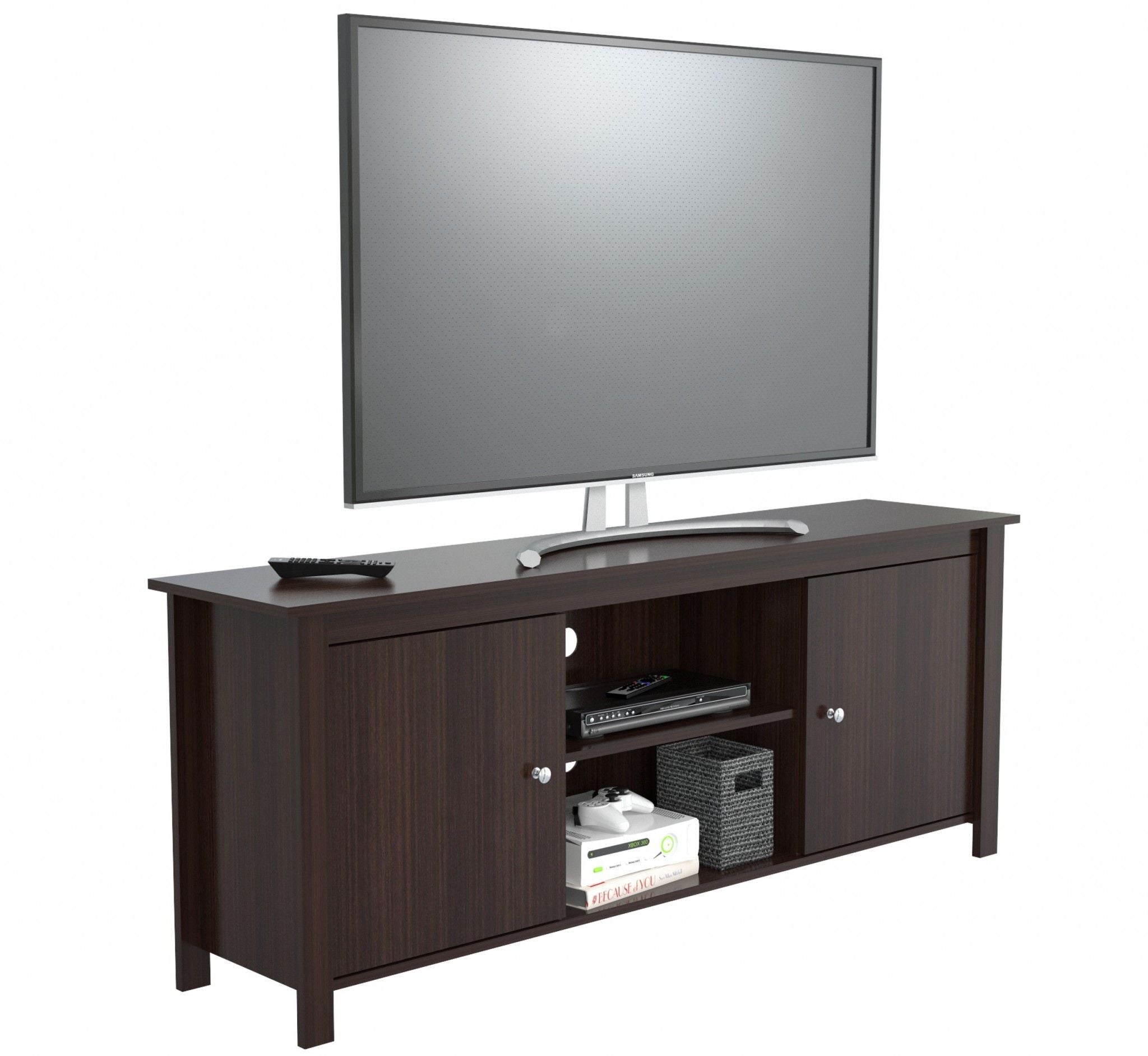 Wood And Metal Cabinet Enclosed Storage Mirrored TV Stand - Dark Brown