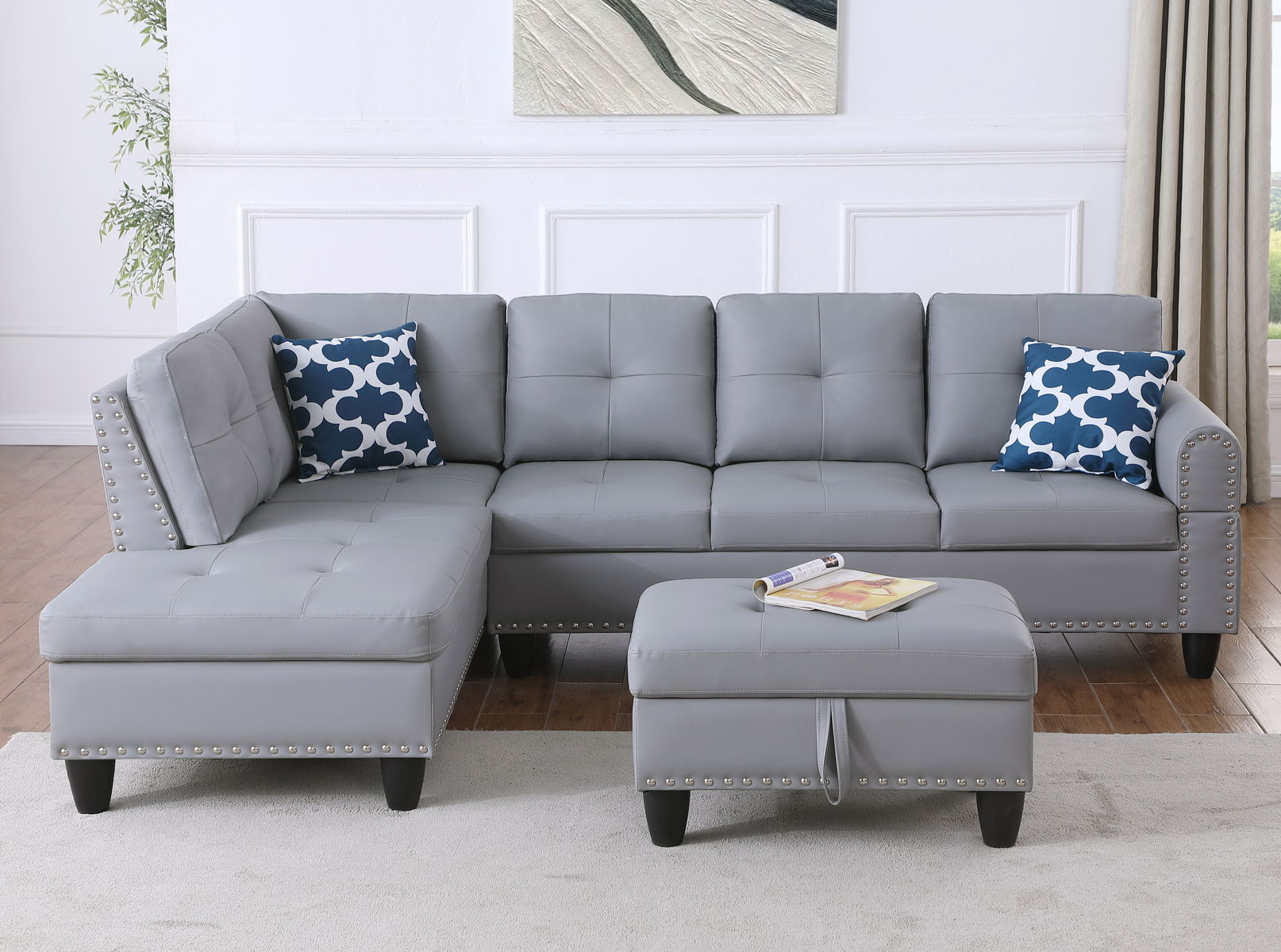 Irine - Faux Leather Sectional Sofa With Ottoman - Gray