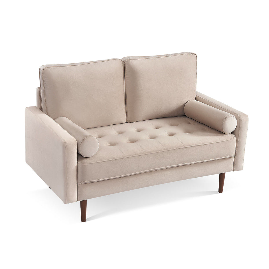 Brown Velvet Loveseat And Toss Pillows - Beige / Dark