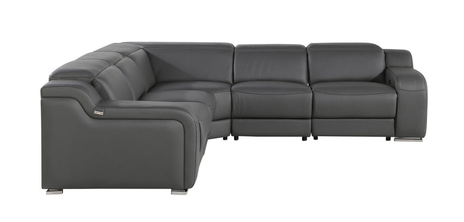 Italian Leather Power Reclining L Shaped Five Piece Corner Sectional - Dark Gray