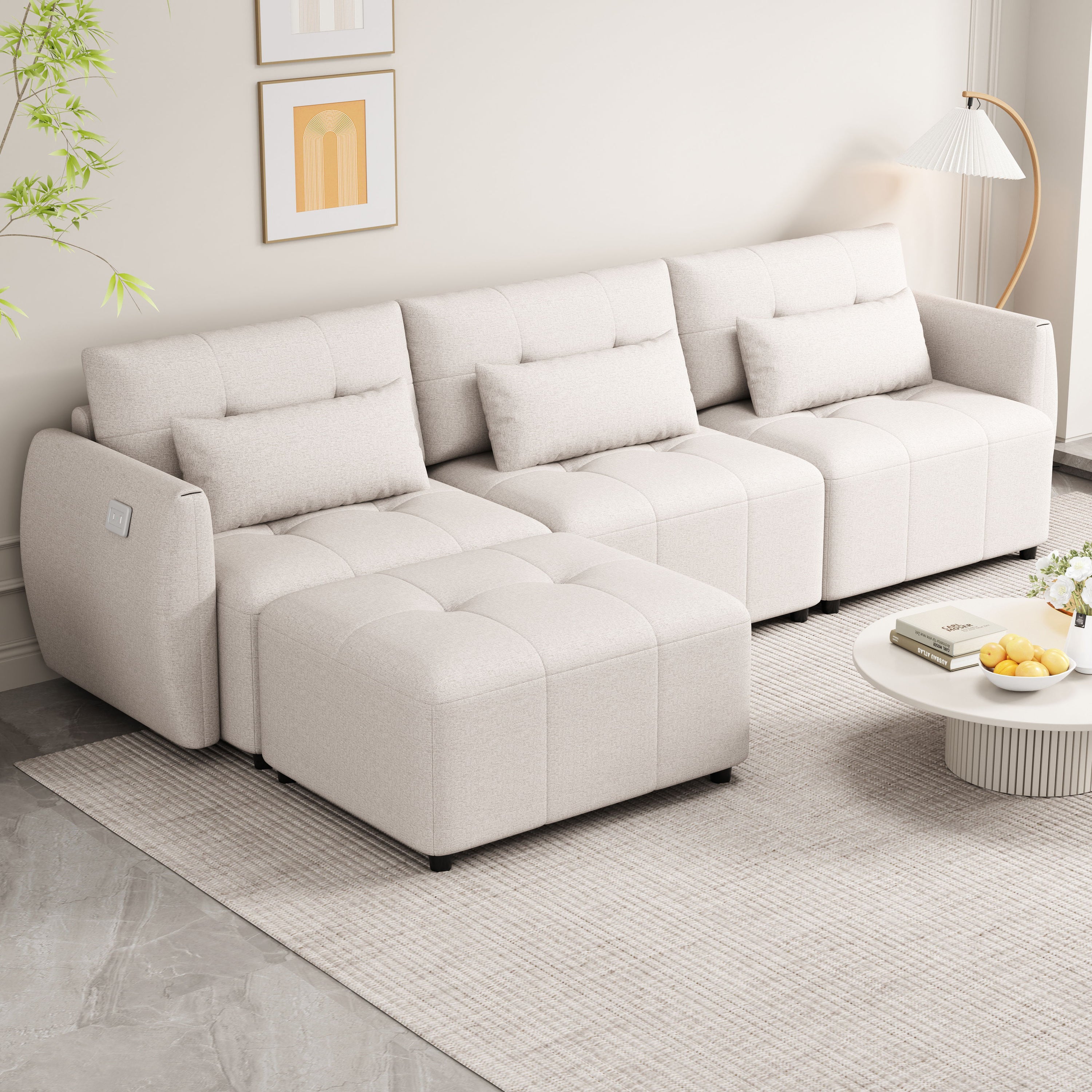 Convertible Sectional Sofa Couch 3 Seat L-Shaped Sofa With Movable Ottoman And USB For Apartment, Living Room, Bedroom