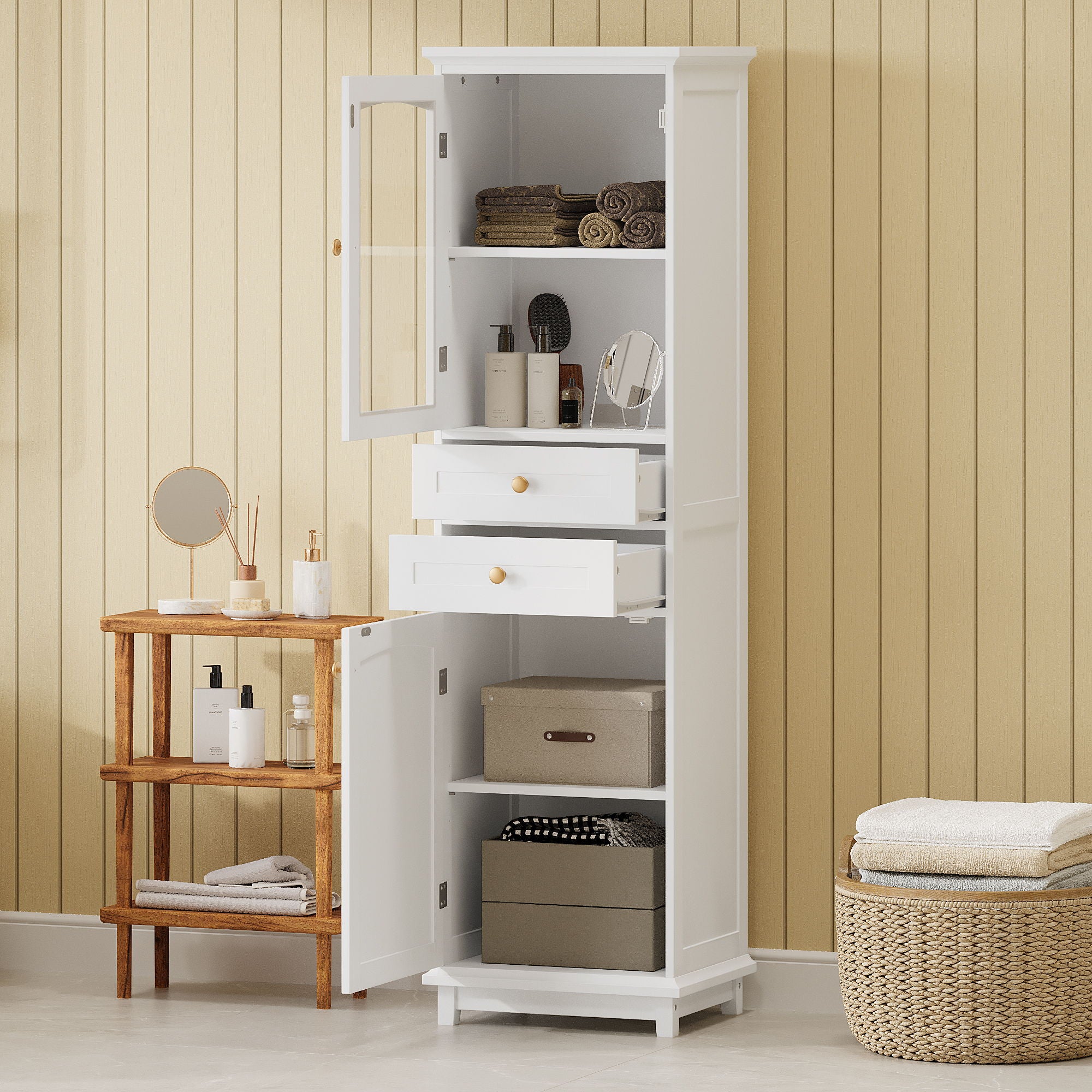 Tall Bathroom Storage Cabinet With Glass Doors, Free-Standing, Two Drawers, And Adjustable Shelves, MDF Board, Painted Perfect For Displaying Your Favorite Items