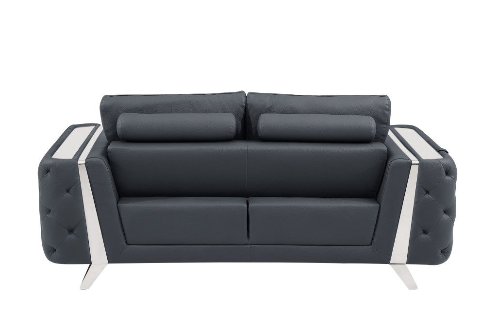 Genuine Leather Loveseat - Dark Gray / Silver