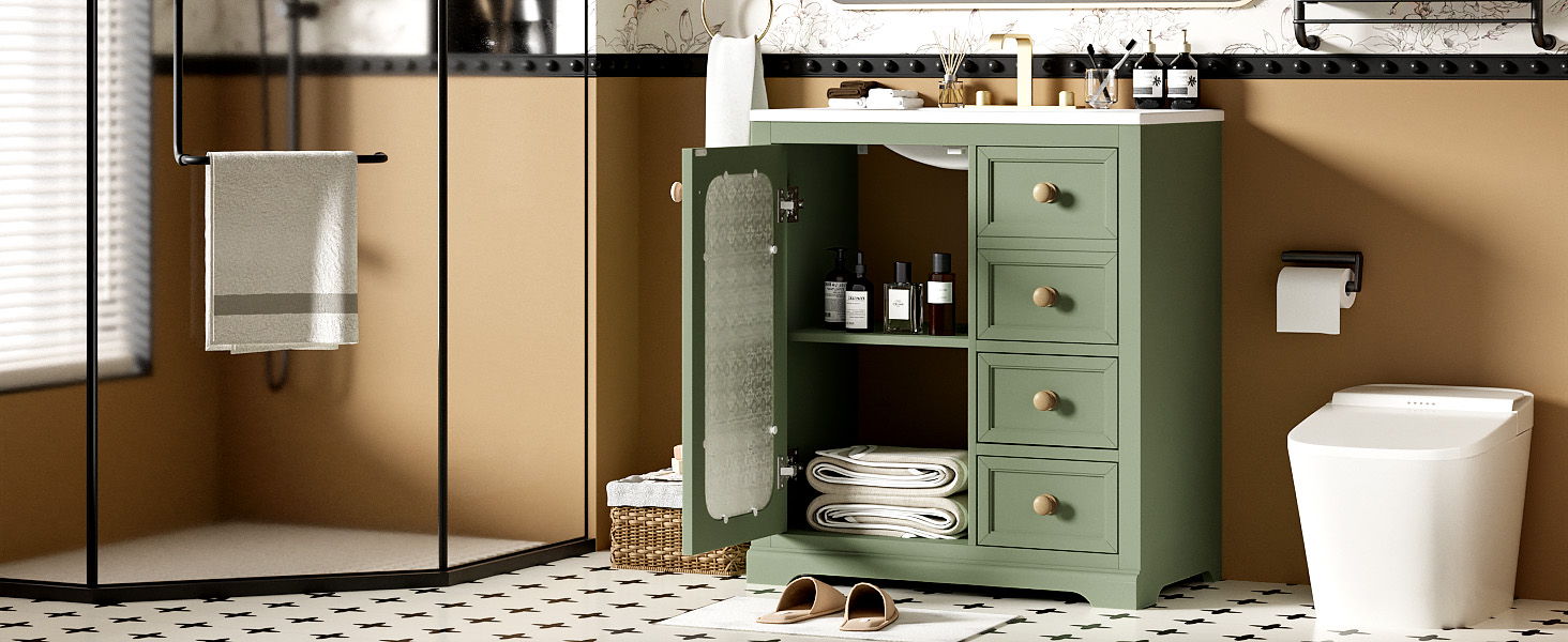 Bathroom Vanity With A Soft Close Glass Door, Adjustable Shelves, And Three Drawers