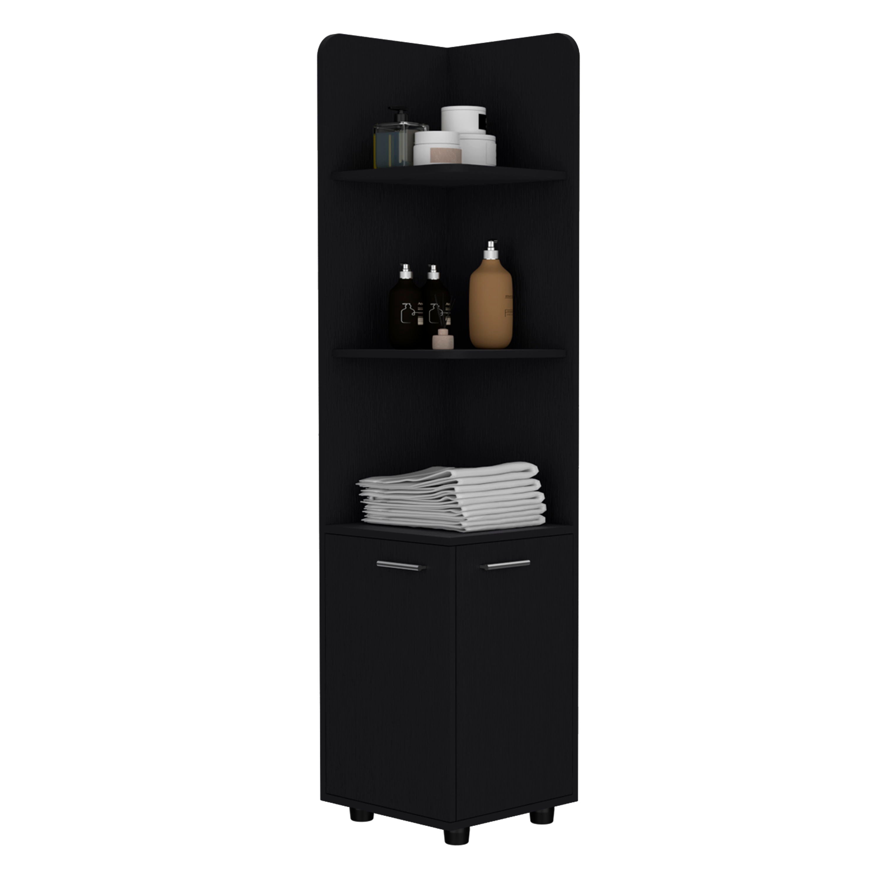 Corner Cabinet Tall With 3 Tier Shelf And 2 Door - Black