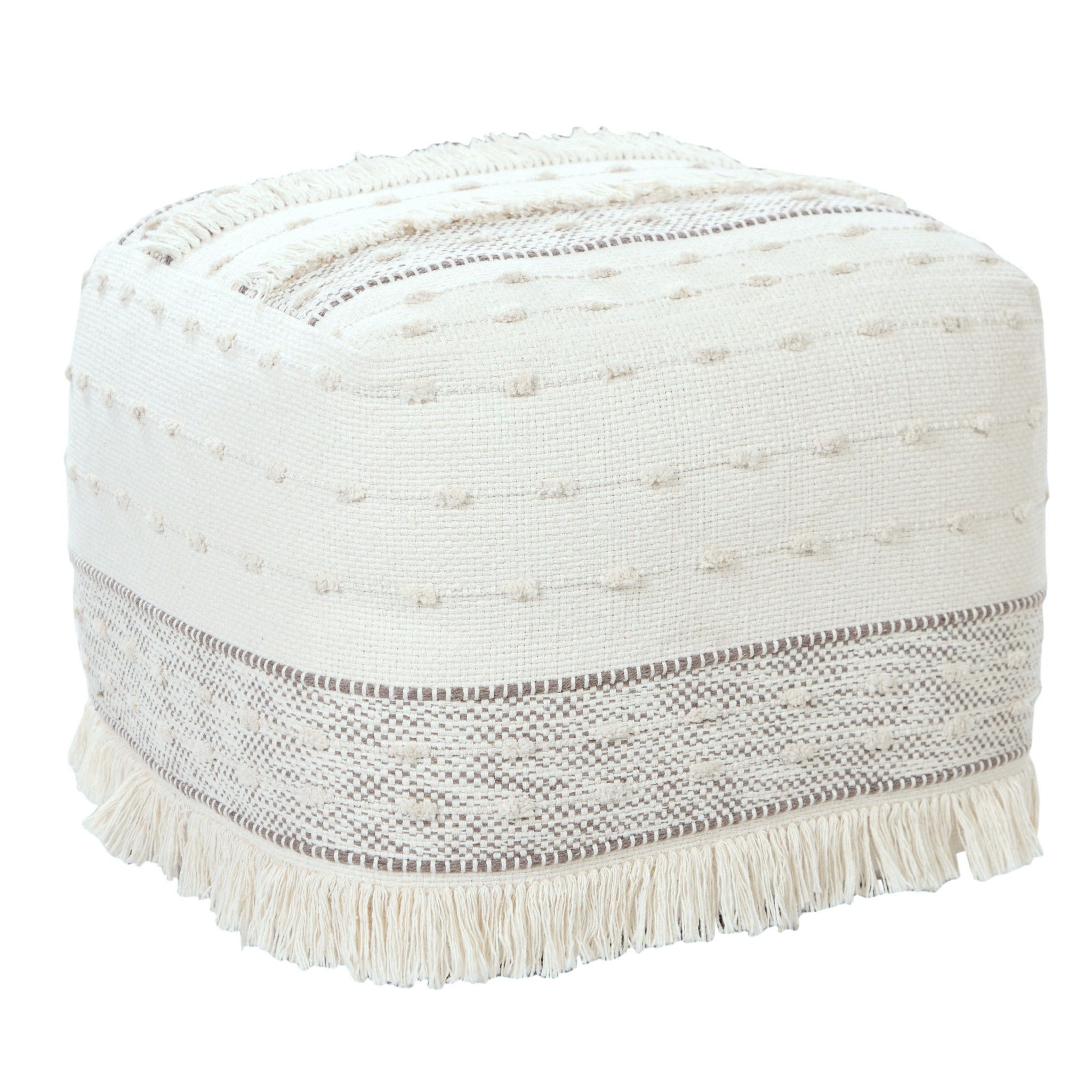 Cotton Striped Pouf Ottoman - Cream