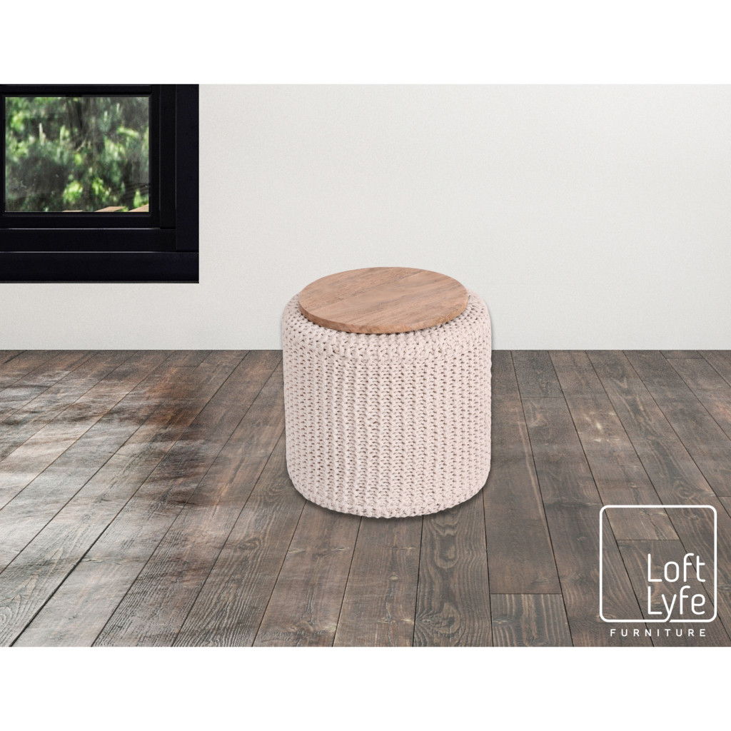 Cotton Blend Round Pouf Ottoman - Ivory