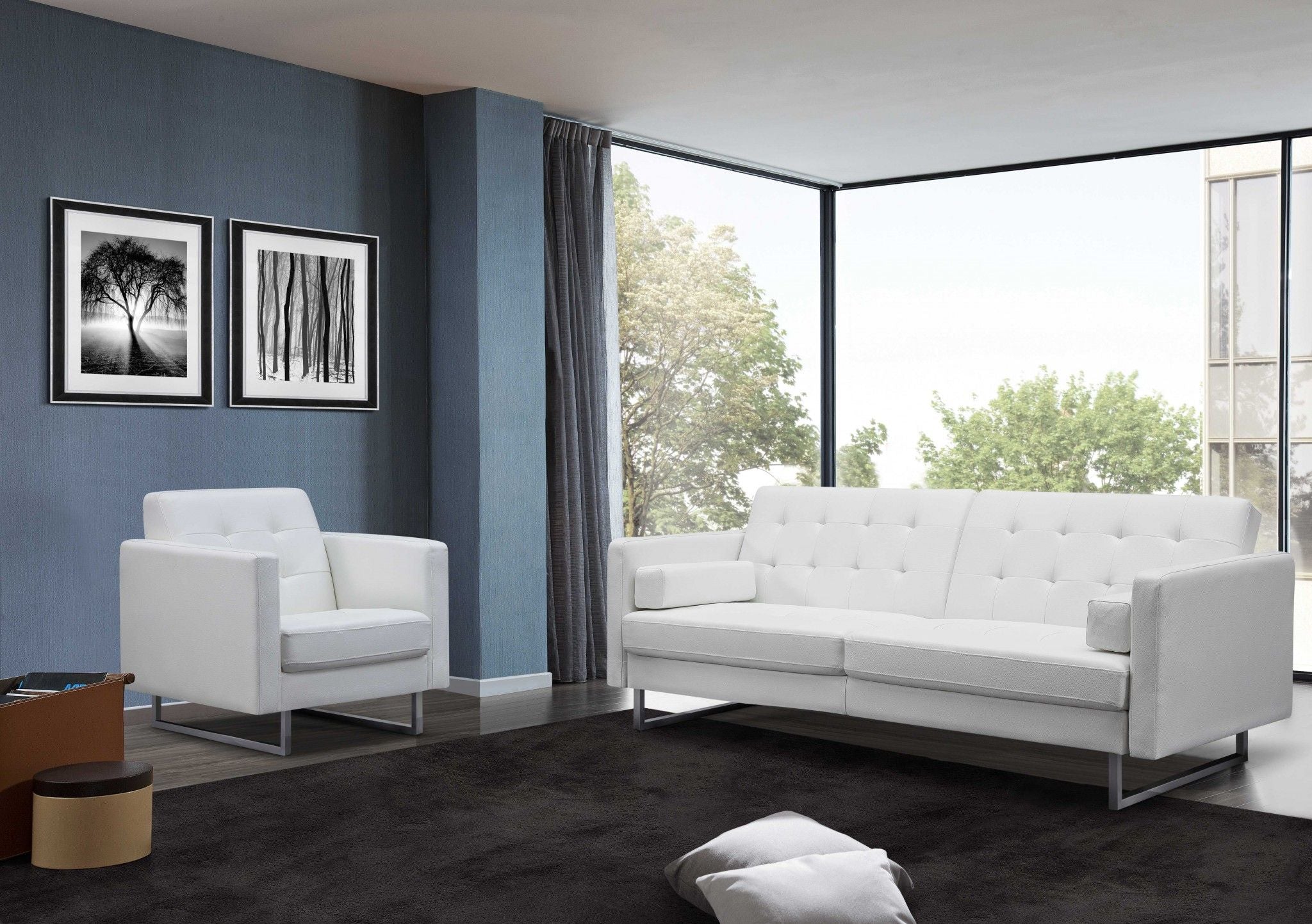 Faux Leather Sofa With Silver Legs - White