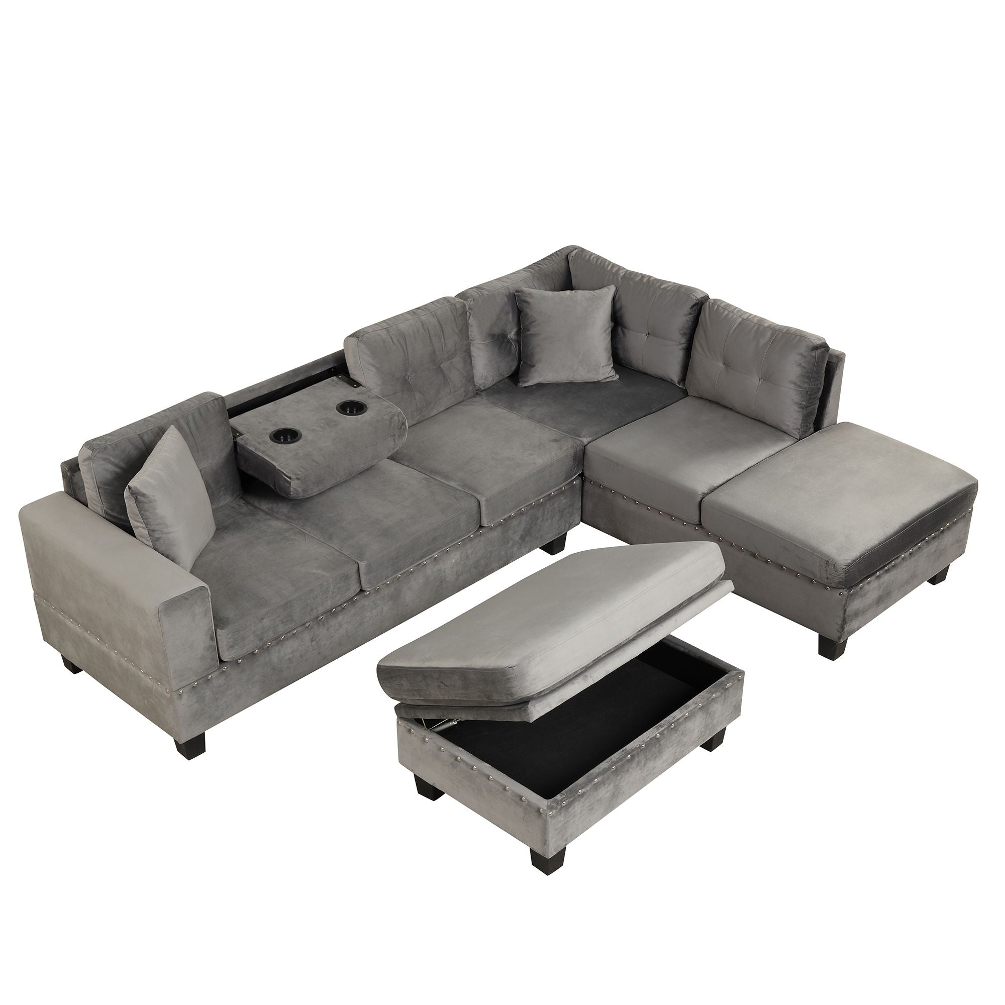 Modern Sectional Sofa With Storage Ottoman, L-Shape Couch With 2 Pillows And Cup Holder, Sectional Sofa With Reversible Chaise For Living Room