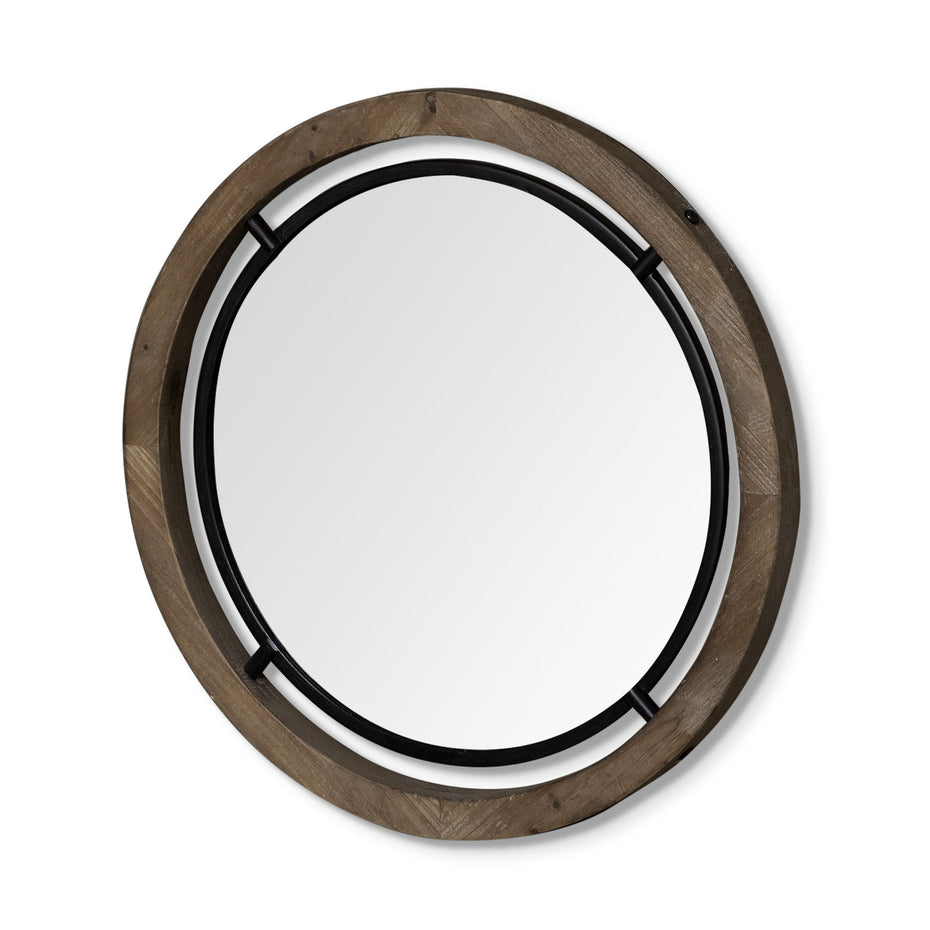 28" Wood And Black Metal Double Frame Wall Mirror - Brown