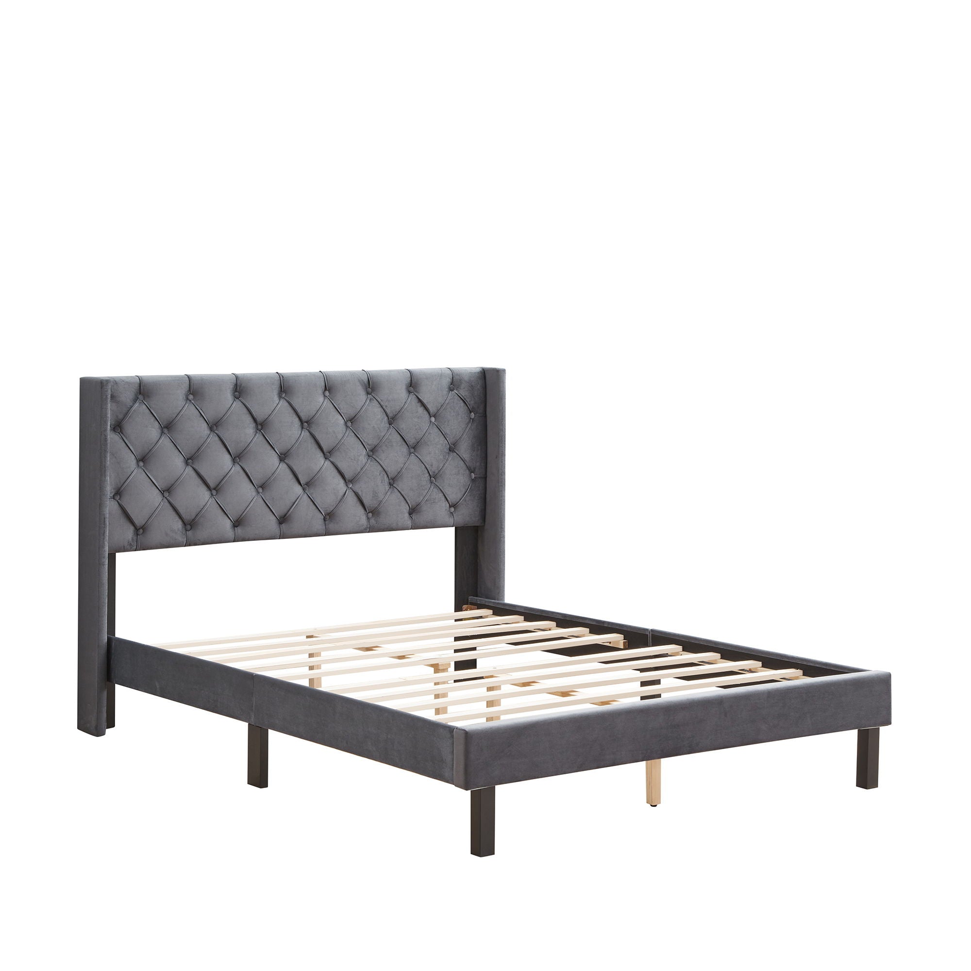 Velvet Button Tufted-Upholstered Bed With Wings Design Strong Wood Slat Support Queen Platform Bed - Gray