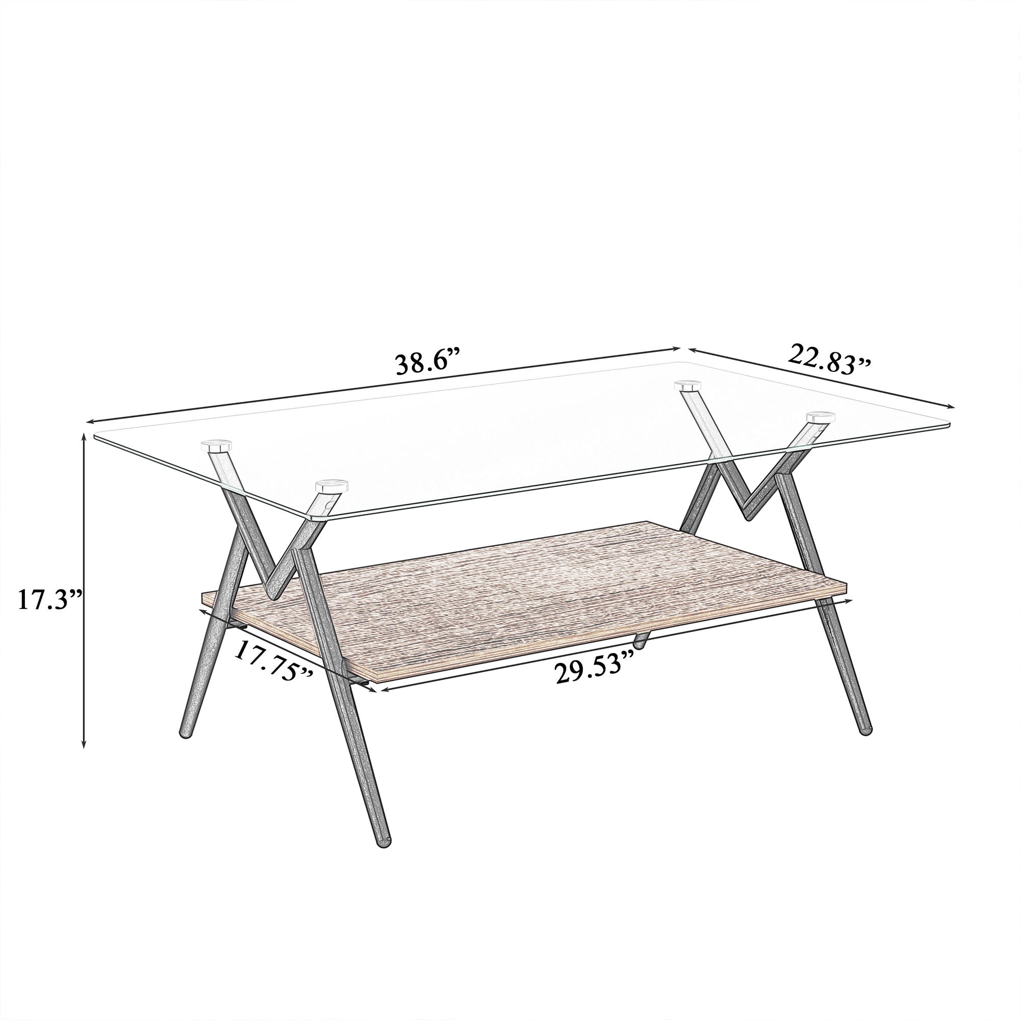 Rectangle Coffee Table With Tempered Glass Top And Shelf, Modern Table For Living Room