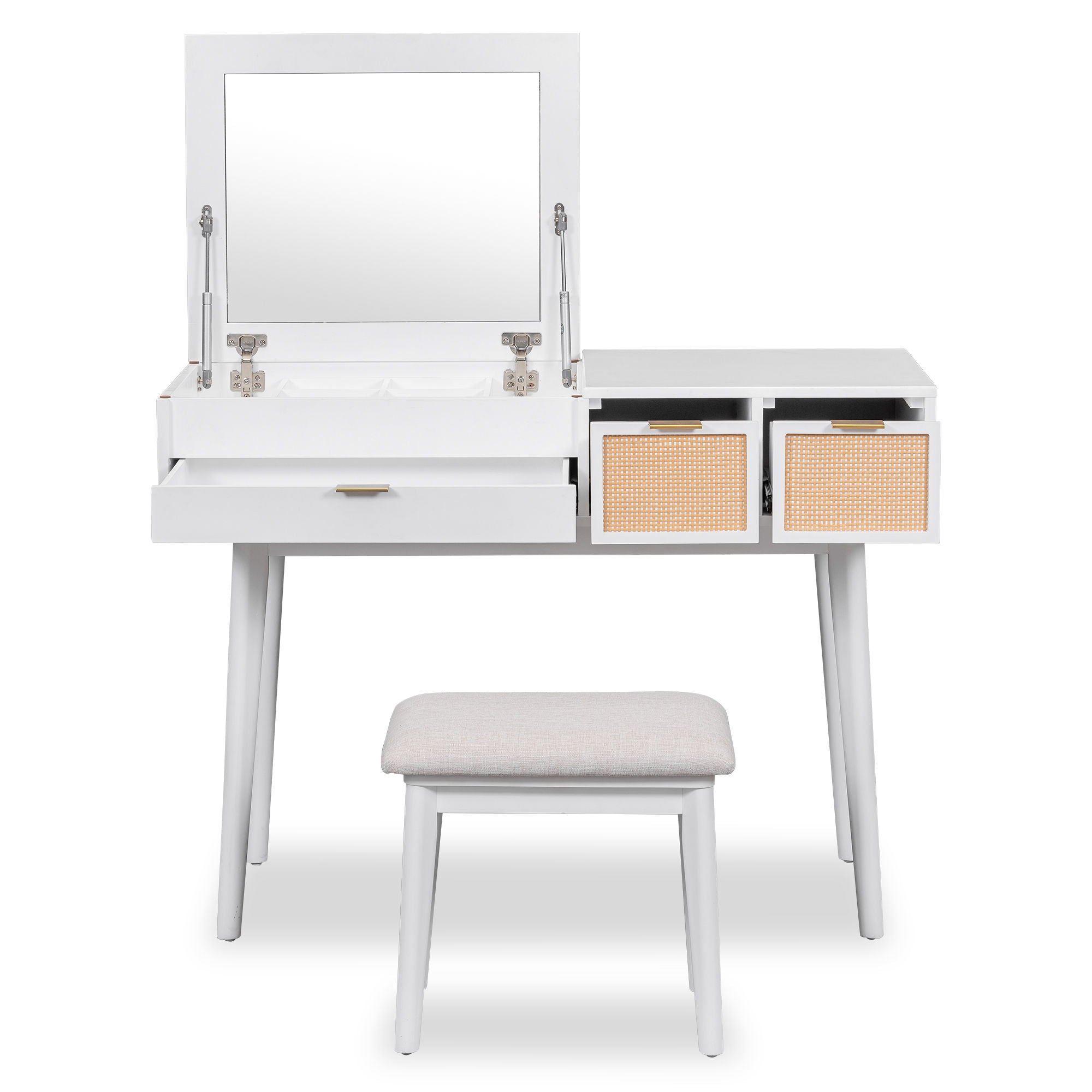 Classic Wood Makeup Vanity Set With Flip-Top Mirror And Stool, Dressing Table With Three Drawers And Storage Space