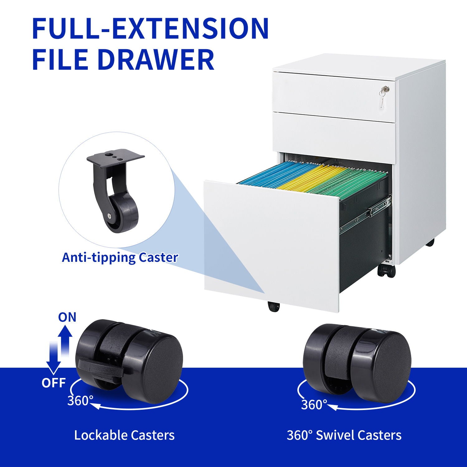 3 Drawer Mobile File Cabinet With Lock Steel File Cabinet For Legal / Letter / A4 / F4 Size, Home / Office Design