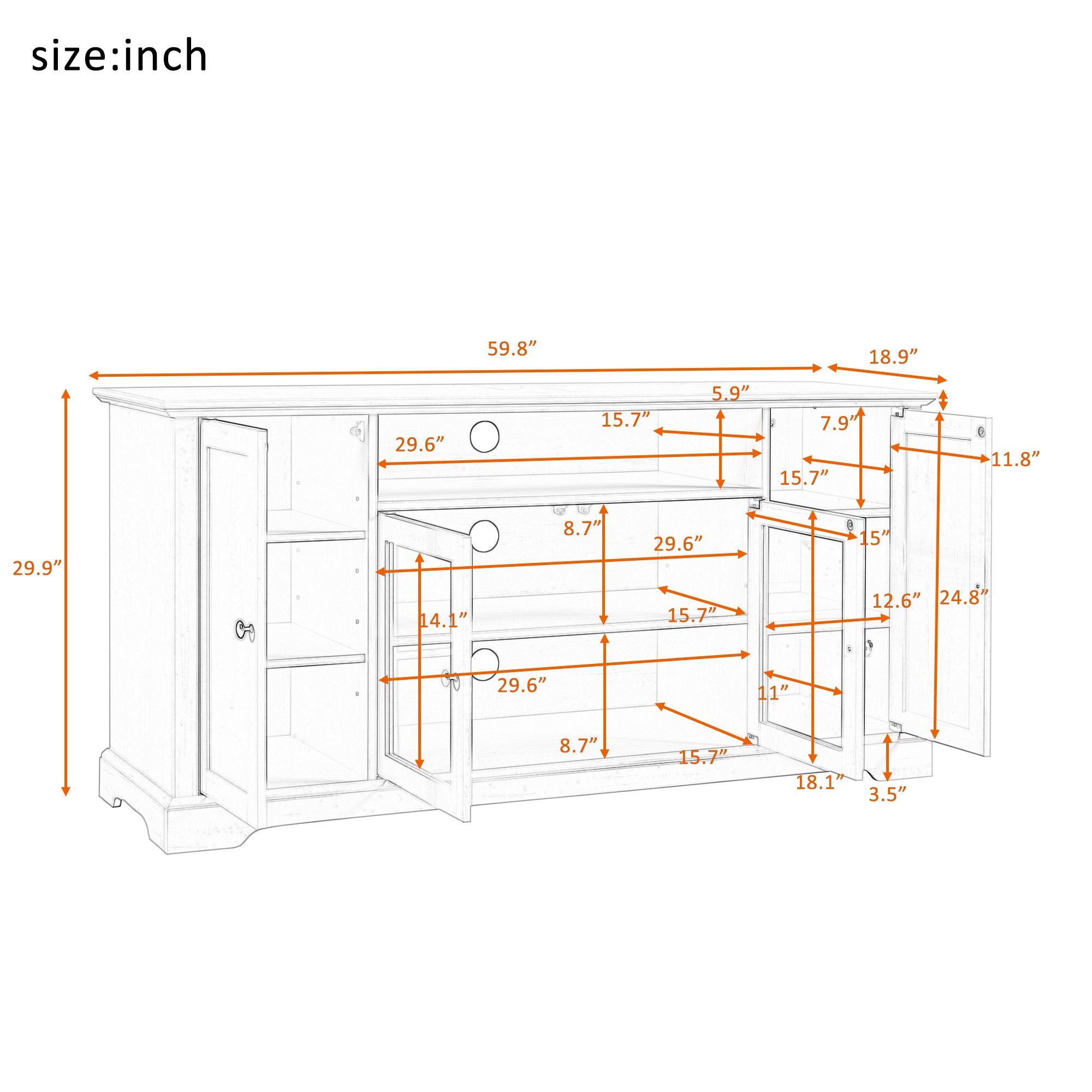 TV Stand For TV Up To 65In With 2 Tempered Glass Doors Adjustable Panels Open Style Cabinet, Sideboard For Living Room