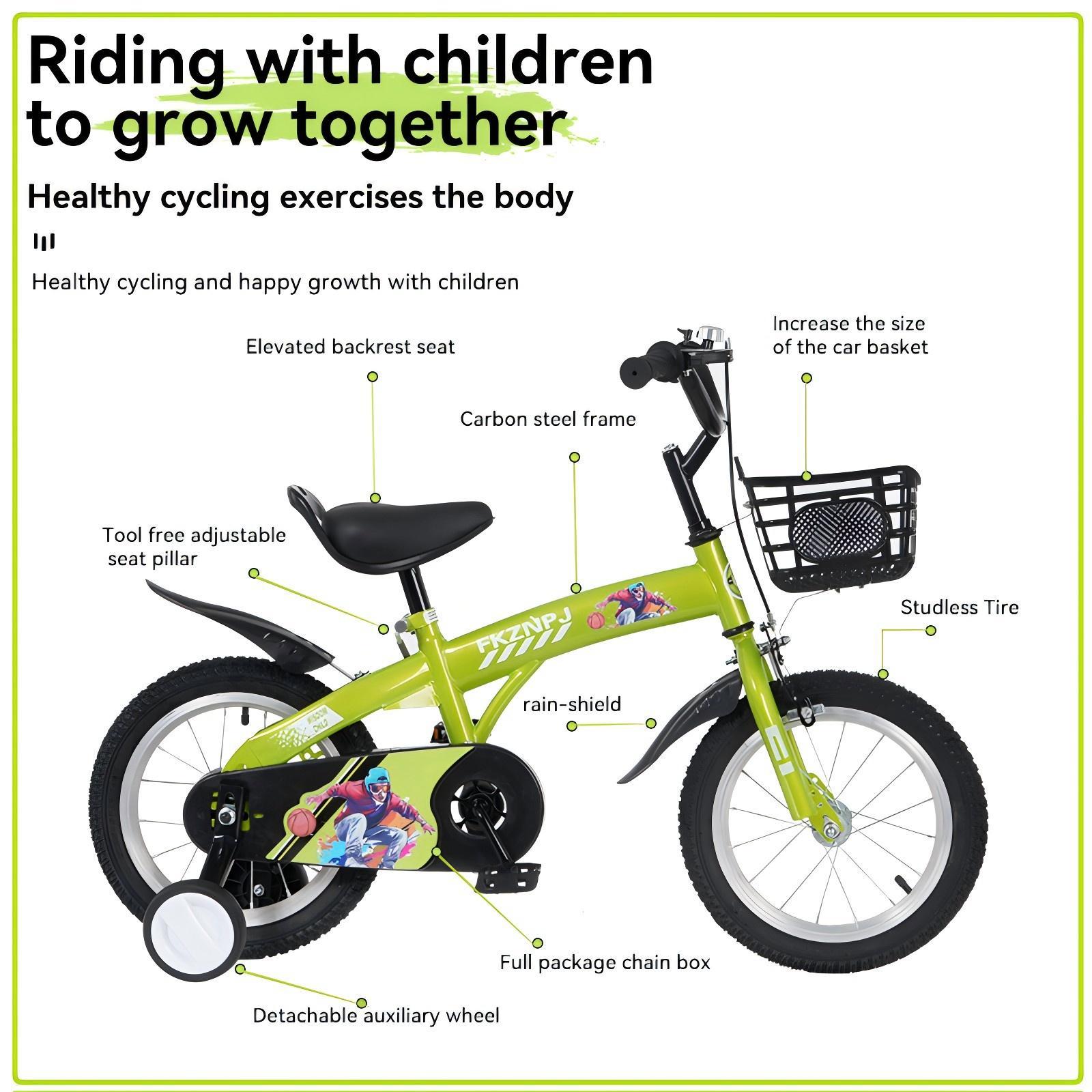 Fkznpj - 16" Sporty Kids Bike With Training Wheels And Stand Adjustable Saddle Suitable For Boys And Girls Aged 4 - 8 Years Tall Height 41 - 46" Available In A Variety Of Colors