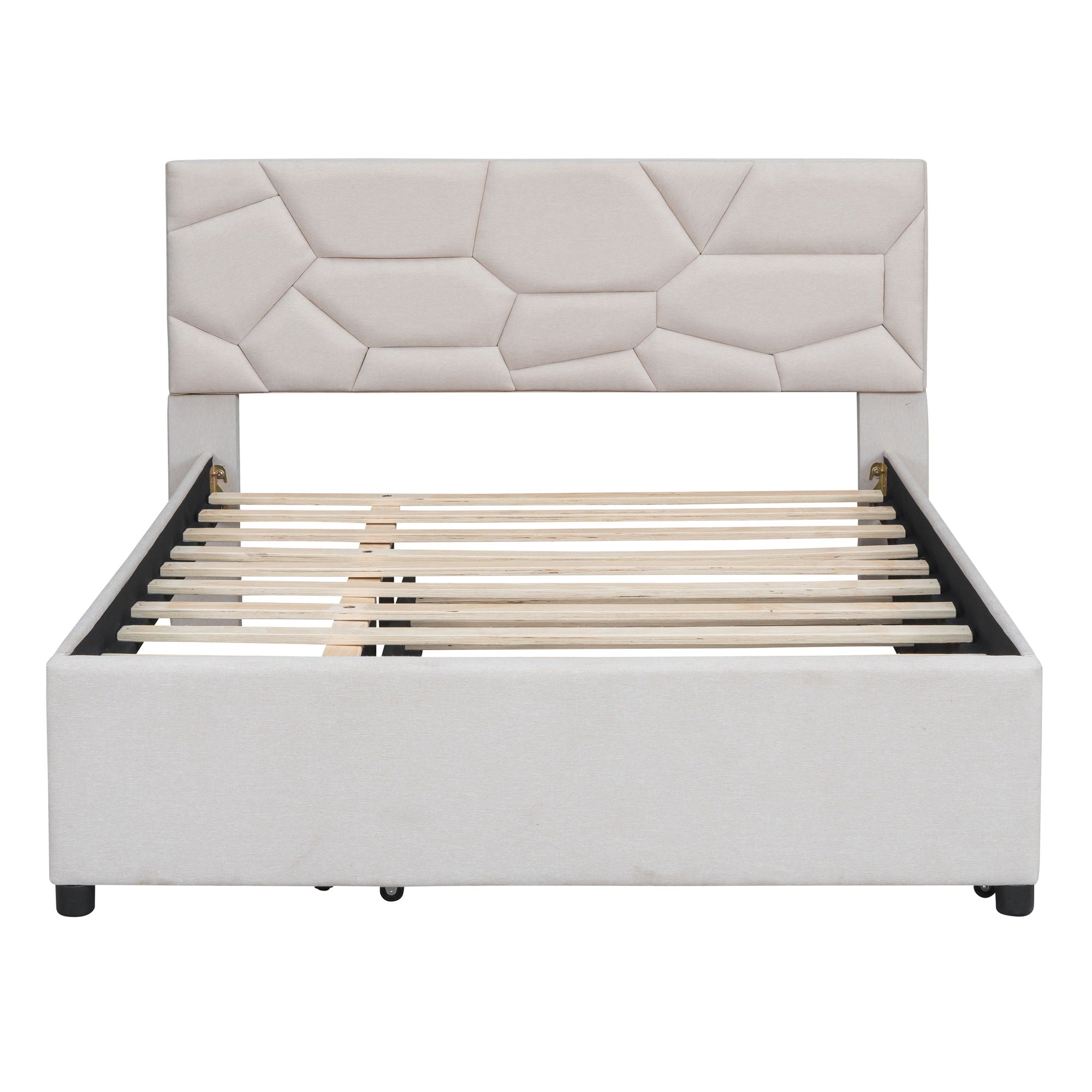 Upholstered Platform Bed With Brick Pattern Headboard And Twin Size Trundle, Linen