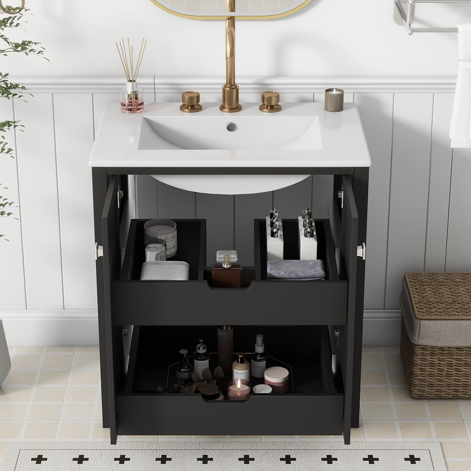 Freestanding Bathroom Vanity Combo With Ceramic Sink Shaker Style Vanities 2 Doors And 2 Drawers - Black