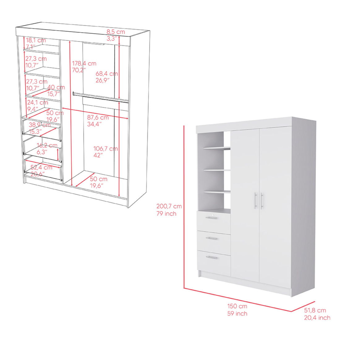 Three Drawer Combo Dresser - White