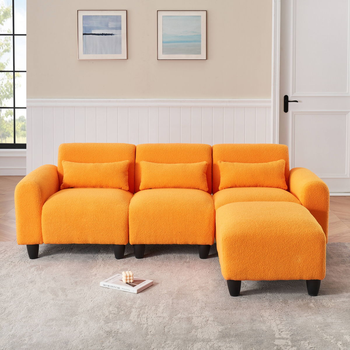 Teddy Fleece Creative Sofa Can Be Assembled Into A Two-Seater Sofa Plus A Single Couch With Three Waist Pillows To Perfectly Stretch Your Waist For Small Apartment Bedroom Spaces