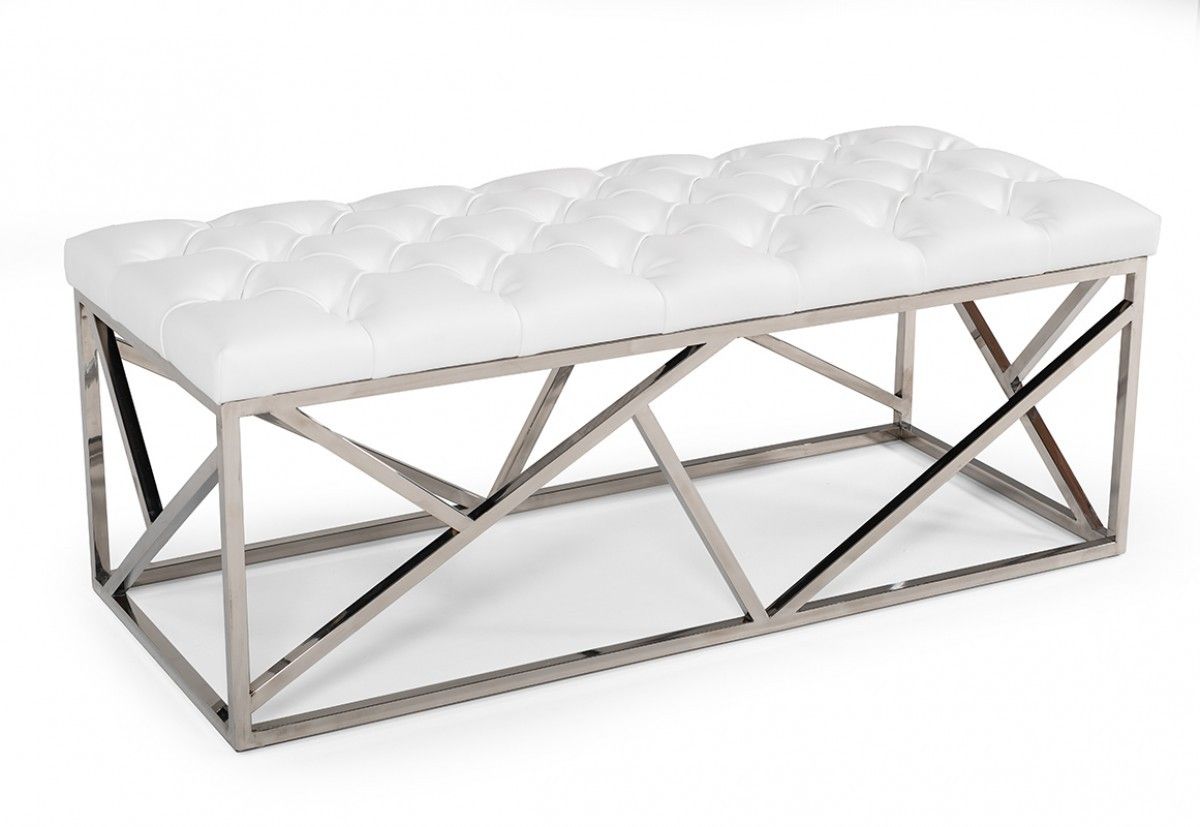 Faux Leather Bench Upholstered - White / Silver