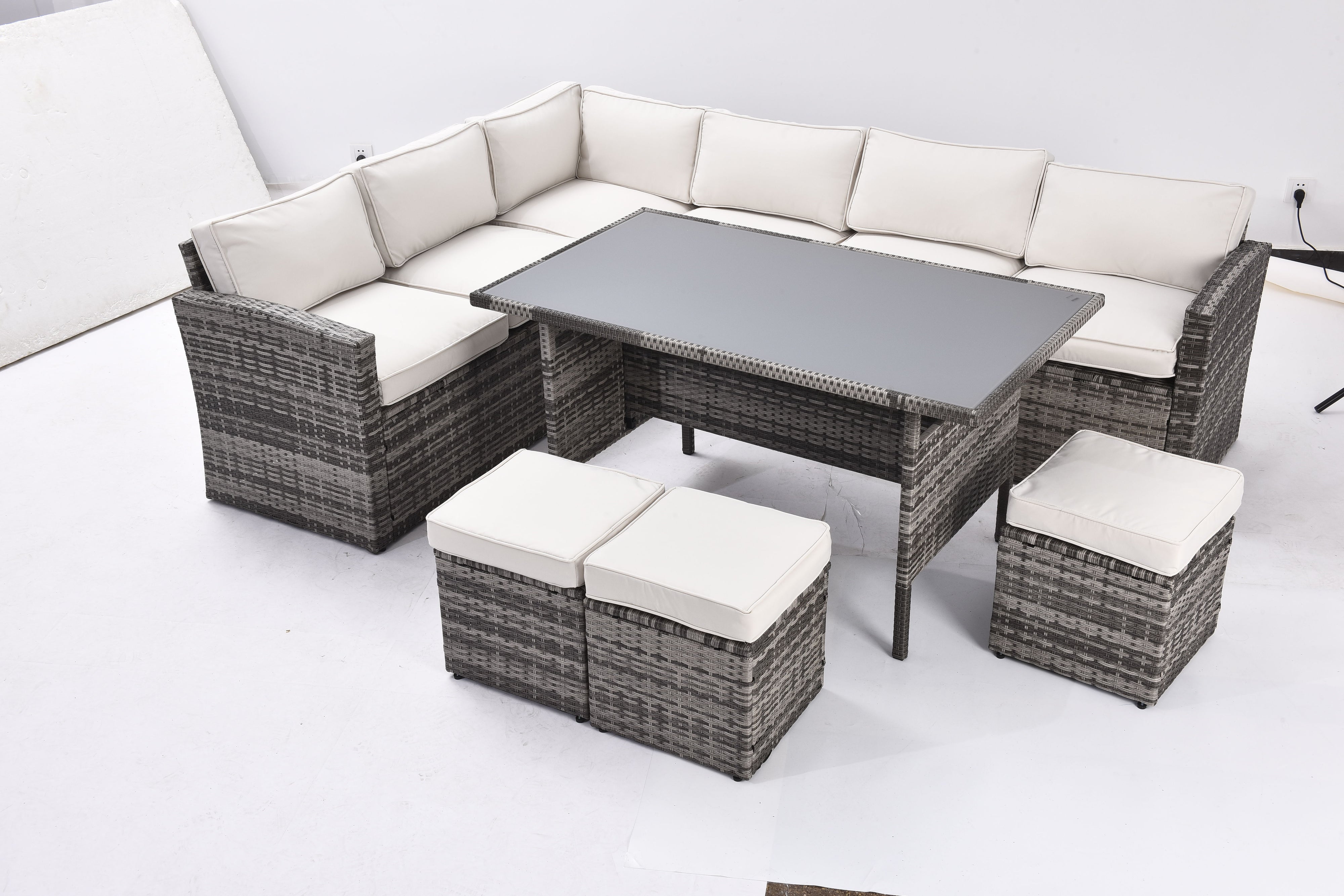 7 Pieces Outdoor Sectional Conversation Sofa With Dining Table, Chairs And Ottomans, All Weather, With Backrest And Removable Cushions