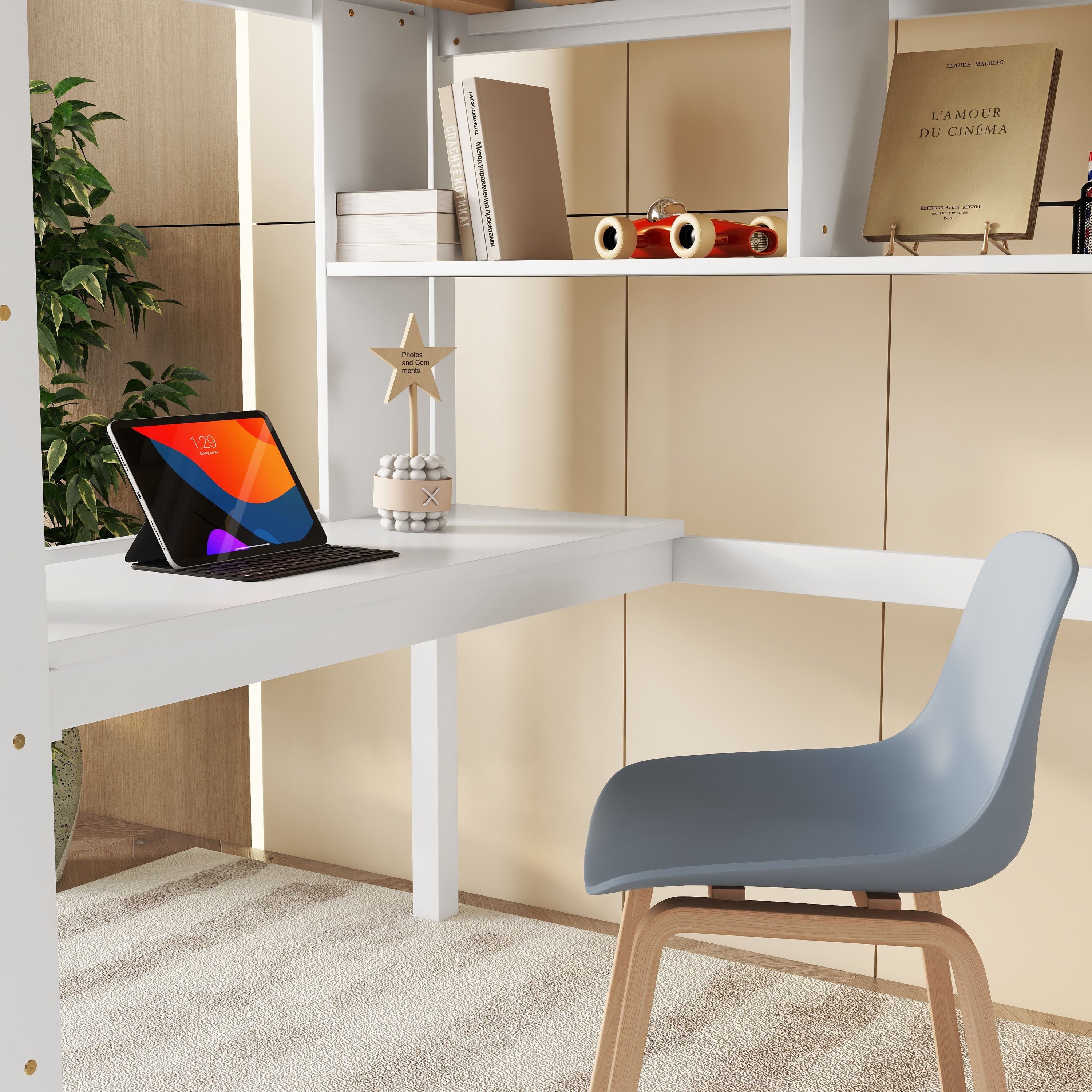 Loft Bed With Desk And Shelves, Safety Guardrail And Ladder