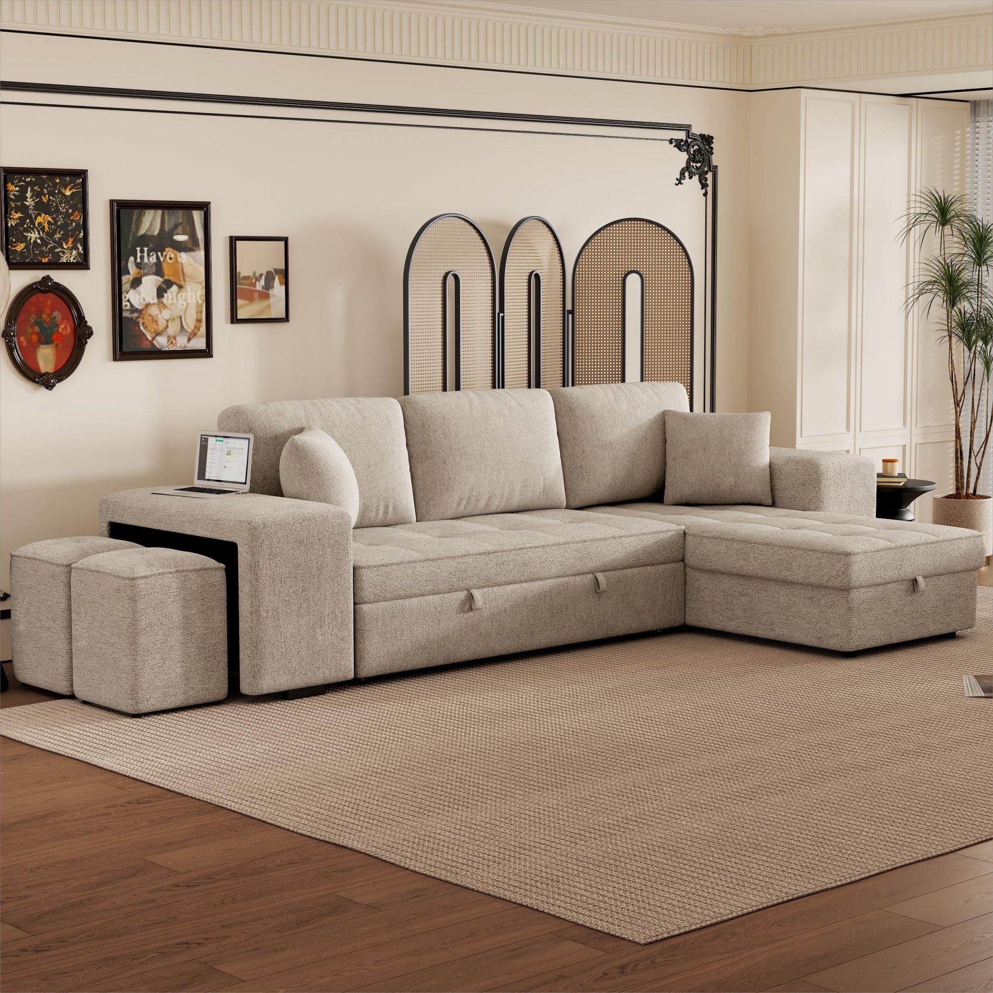 Modern L-Shape 3 Seat Reversible Sectional Couch, Pull Out Sleeper Sofa With Storage Chaise And 2 Stools For Living Room Furniture Set