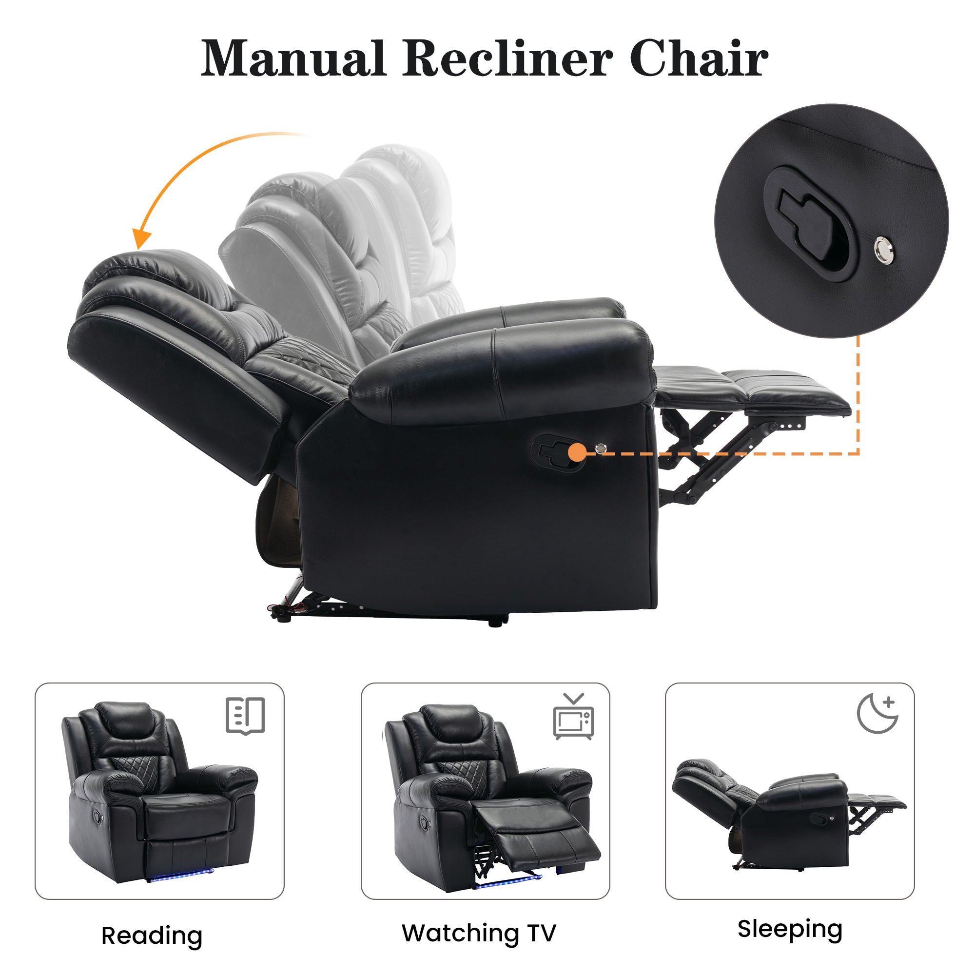 3 Pieces Recliner Sofa Sets Home Theater Seating Manual Recliner Chair With Center Console And Led Light Strip For Living Room