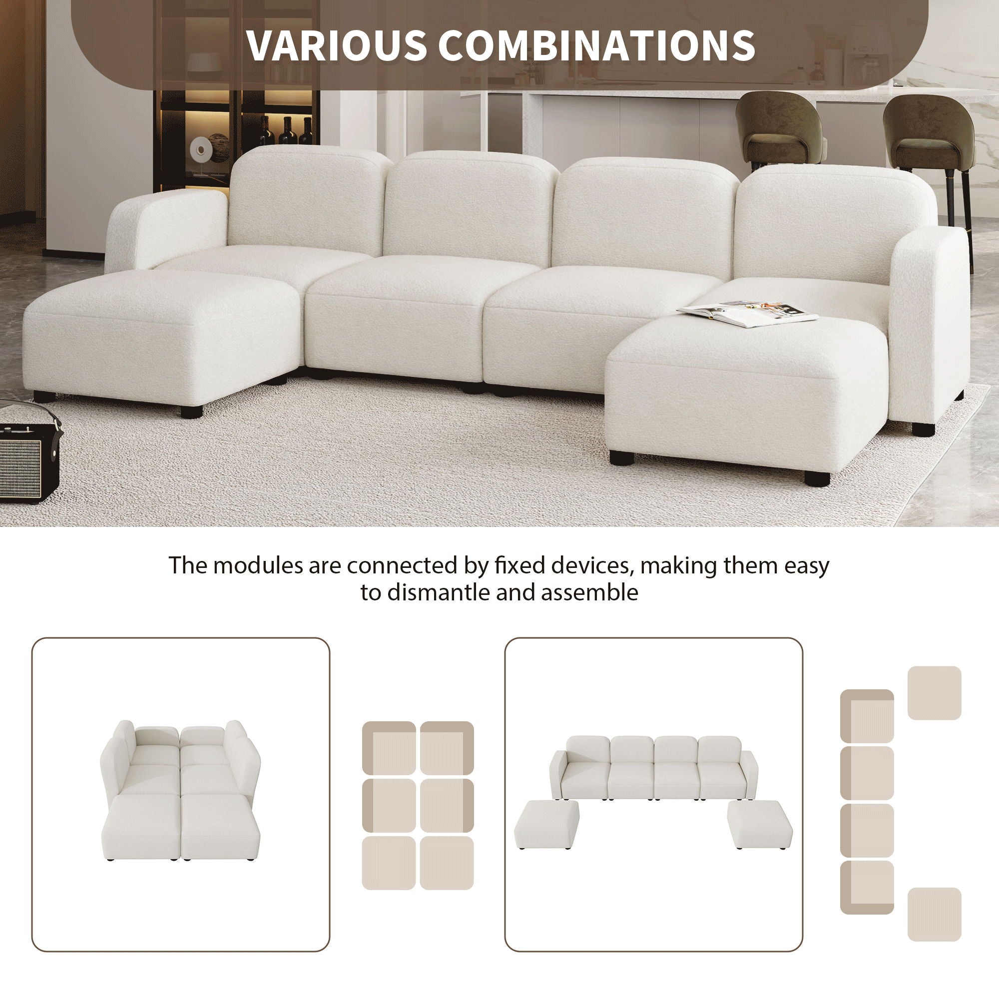 Velvet Modular Sectional Sofa, U Shaped Reversible Couch Set, Free Combination, 6 Seat Sleeper Cloud Sofa Bed With Ottoman, Convertible Oversized Indoor Furniture Pieces For Living Room - Beige