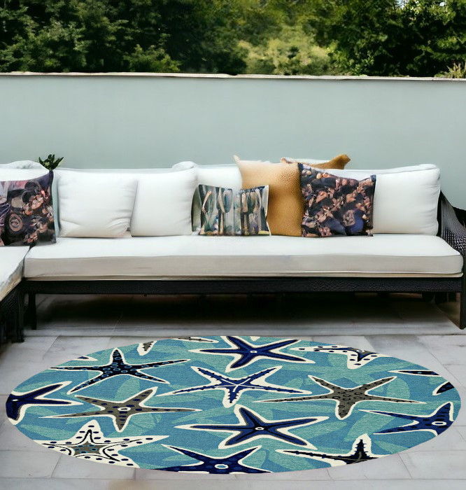 8' Hand Woven UV Treated Coastal Starfish Round Indoor / Outdoor Area Rug - Blue