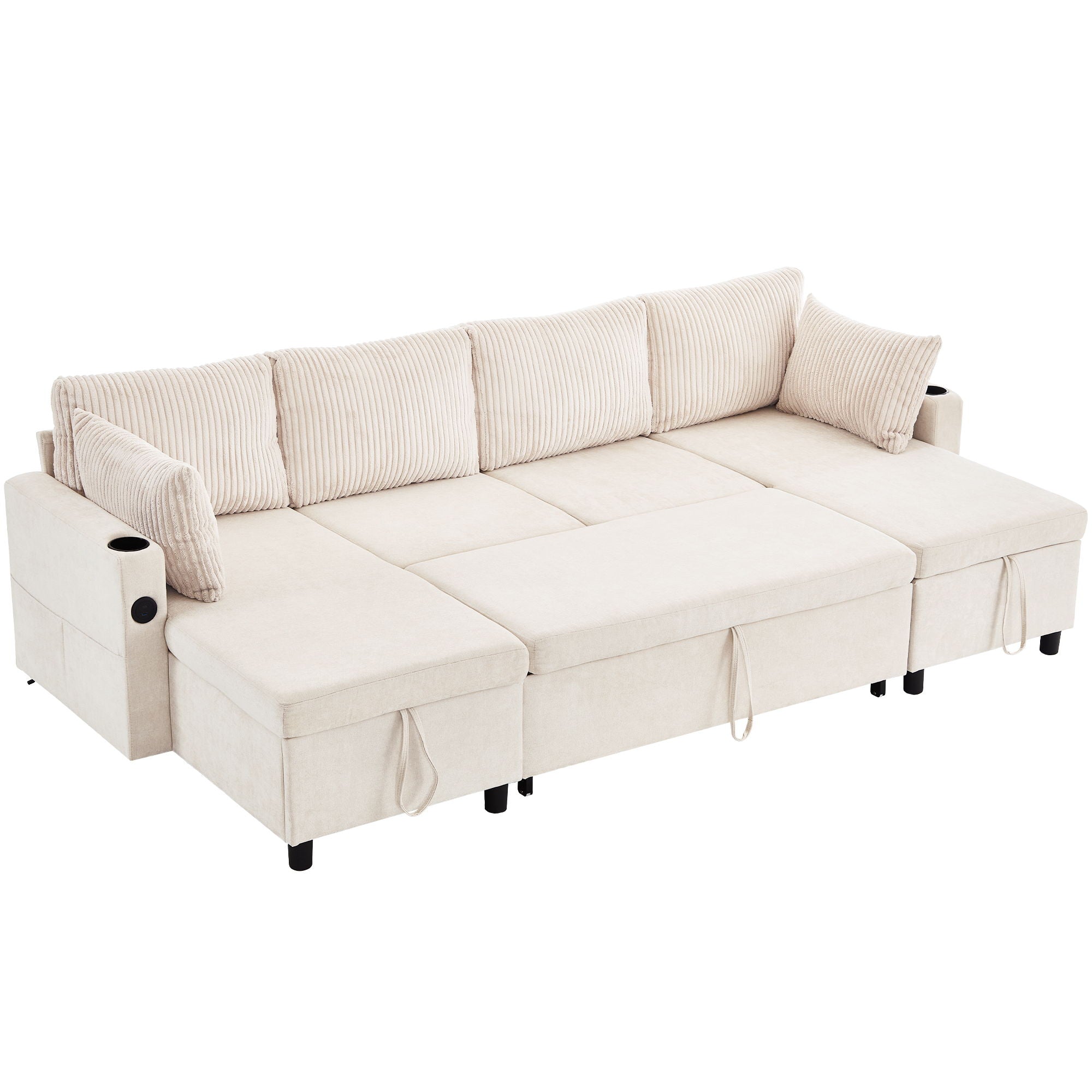 Sectional Sofa Pull Out Sofa Bed Versatile Sofa Sleeper With Large Storage Space, Two USB Ports And Two Cup Holders For Living Room