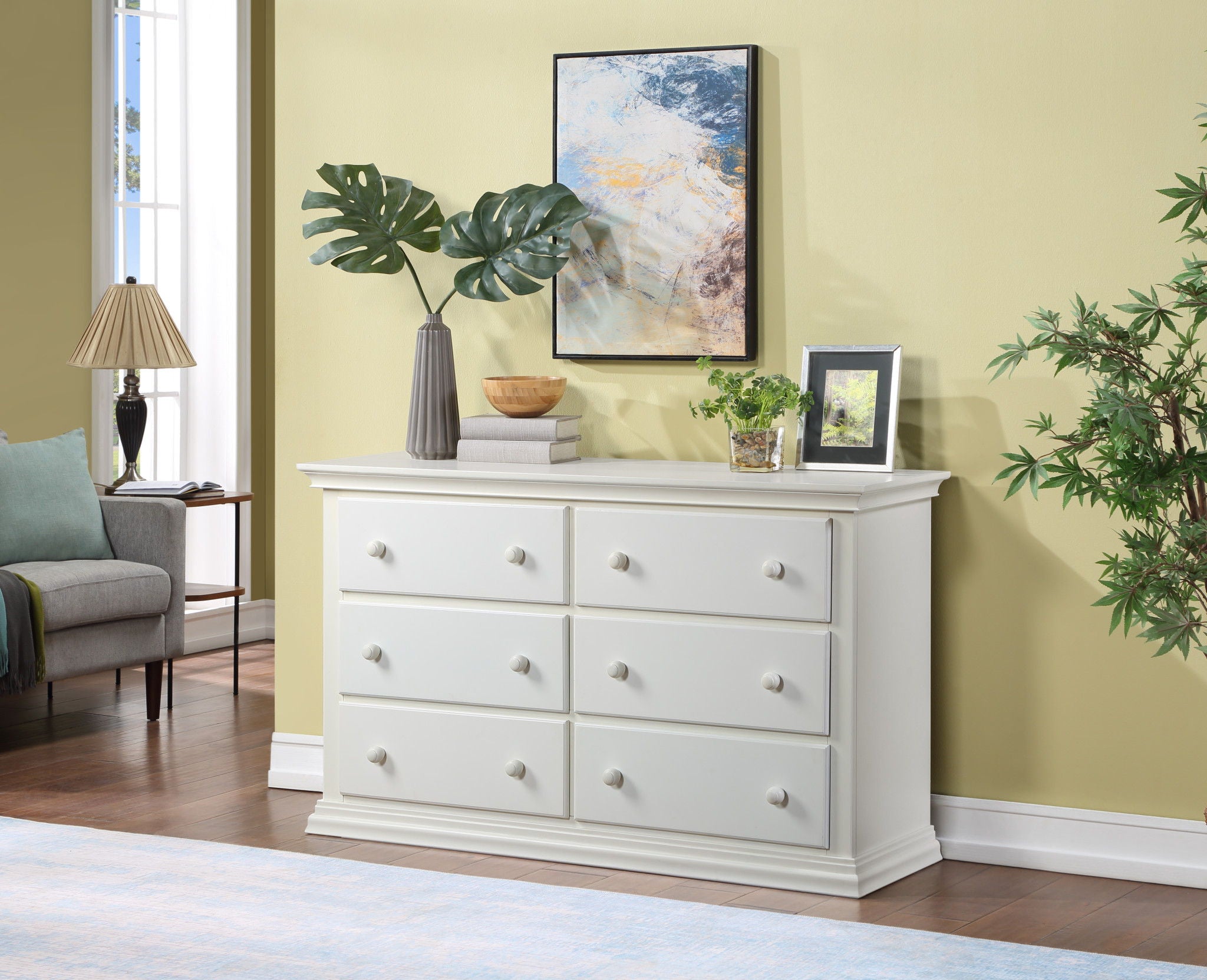 Solid Wood, Six Drawer Double Dresser - White