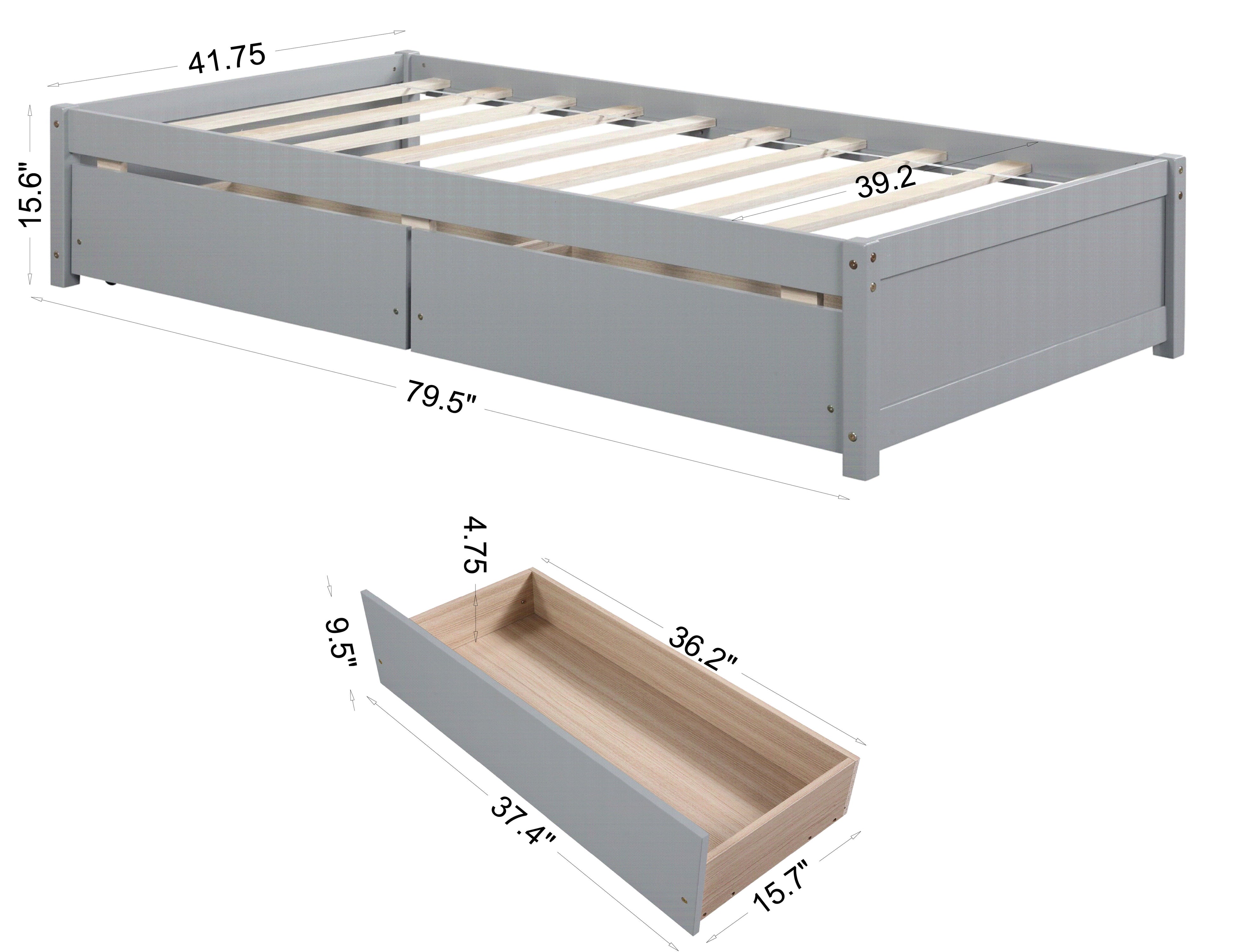 Twin Bed With 2 Drawers, Solid Wood, No Box Spring Needed