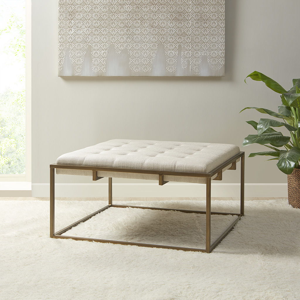 Greenwich - Square Shape Button-Tufted Upholstered Ottoman / Coffee Table - Ivory