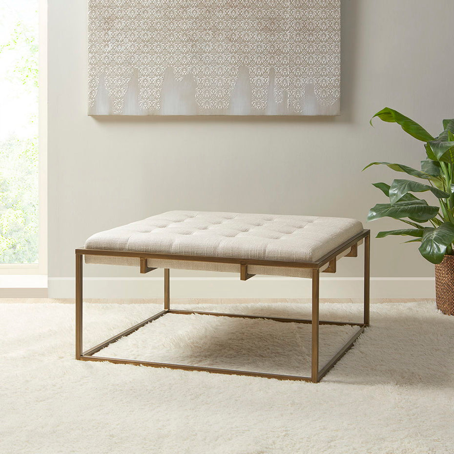 Greenwich - Square Shape Button-Tufted Upholstered Ottoman / Coffee Table - Ivory