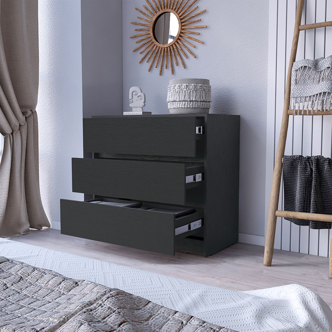 3 Drawer Dresser Wooden - Black