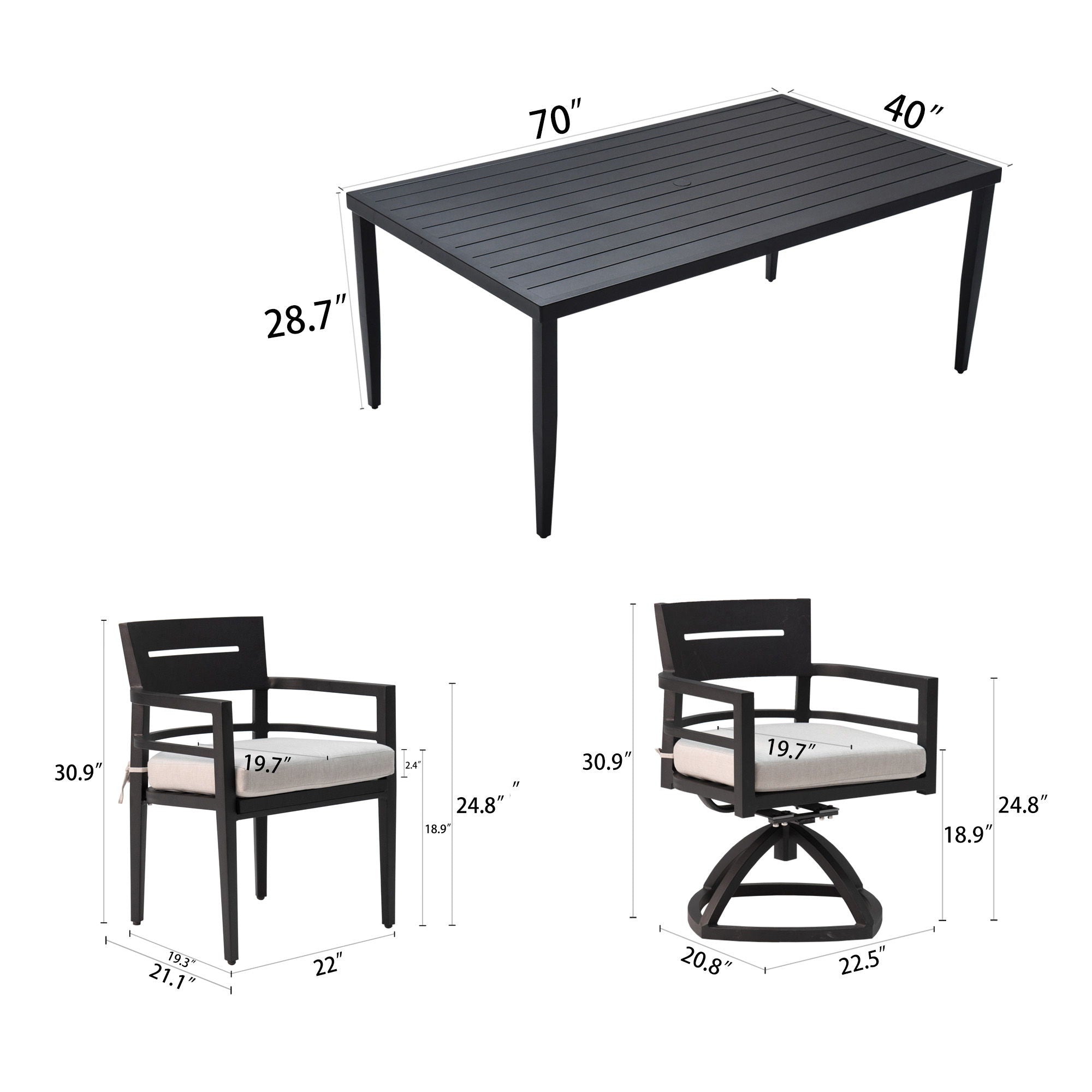 7 Piece Dining Set Modern Outdoor Patio Furniture, Including 4 Dining Chairs & 2 Swivel Rockers Sunbrella Fabric Cushioned And Rectangle Dining Table With Umbrella Hole