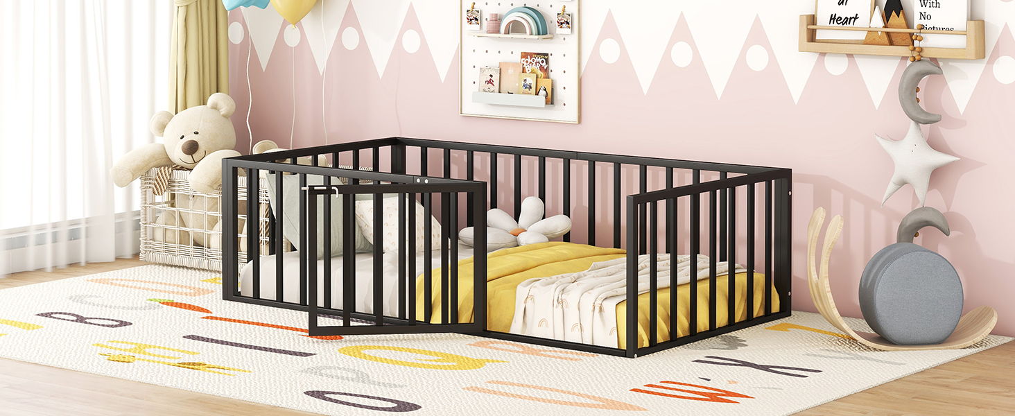 Metal Floor Bed Frame With Fence And Door - Black