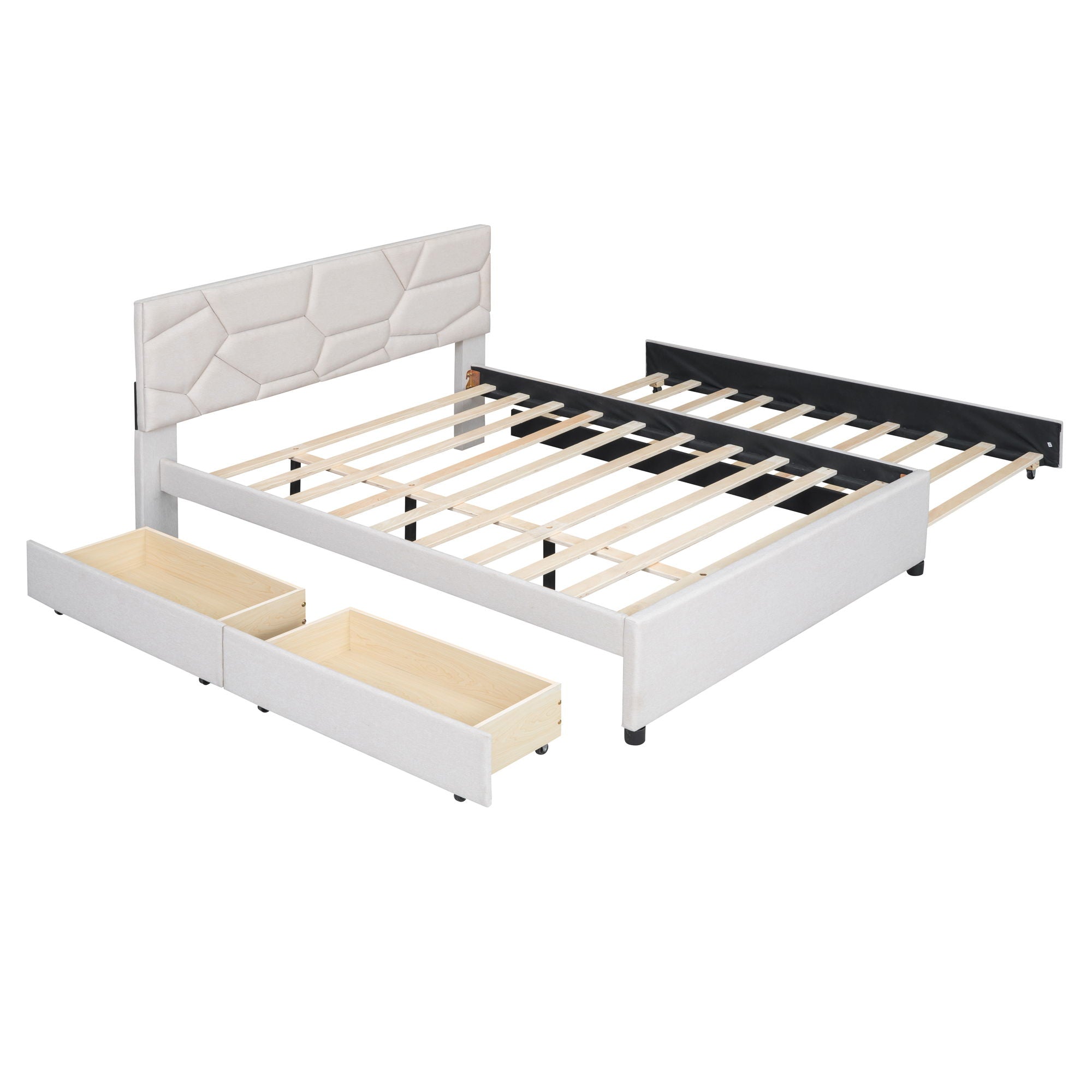 Upholstered Platform Bed With Brick Pattern Headboard And Twin Long Size Trundle