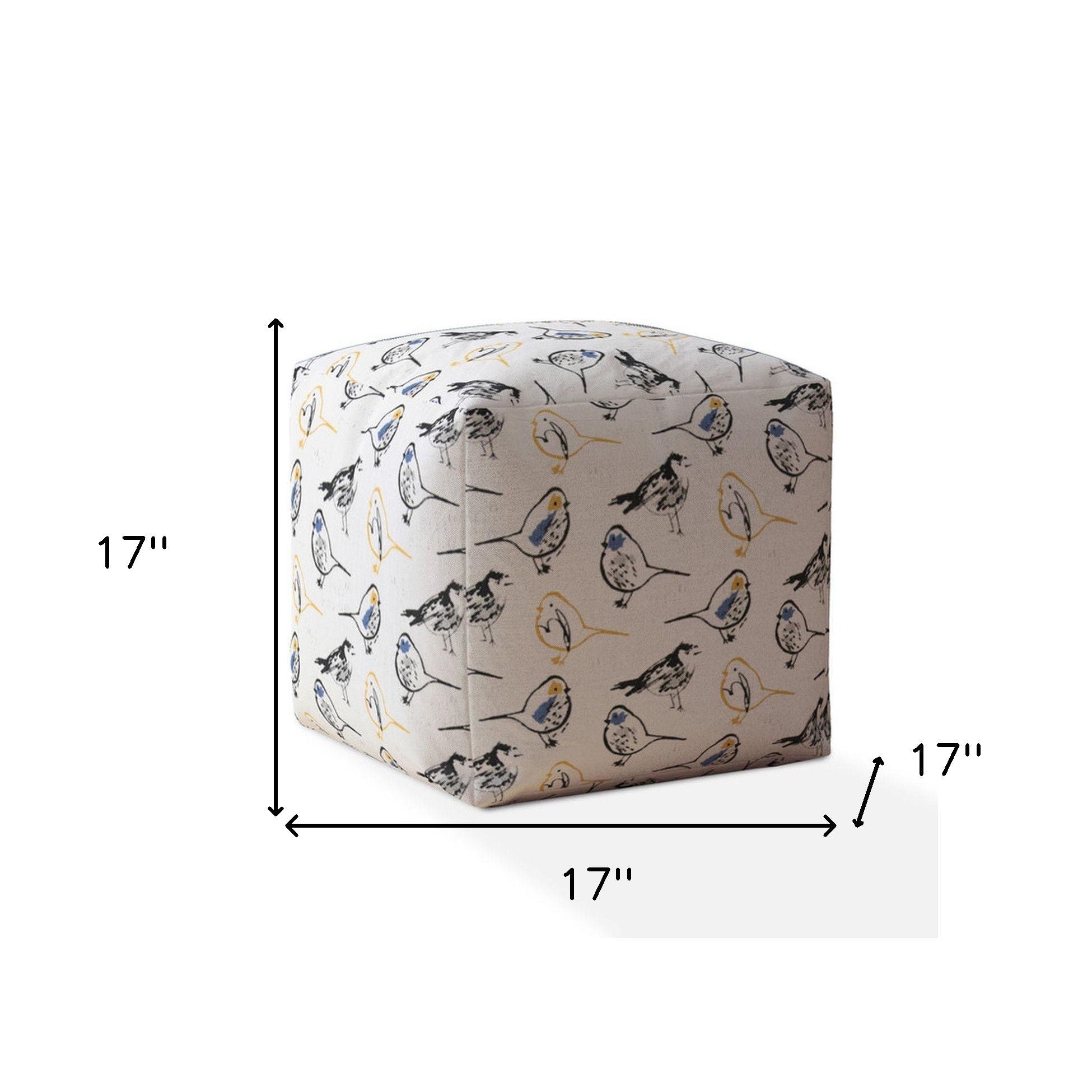 Canvas Birds Pouf Ottoman - Yellow / White