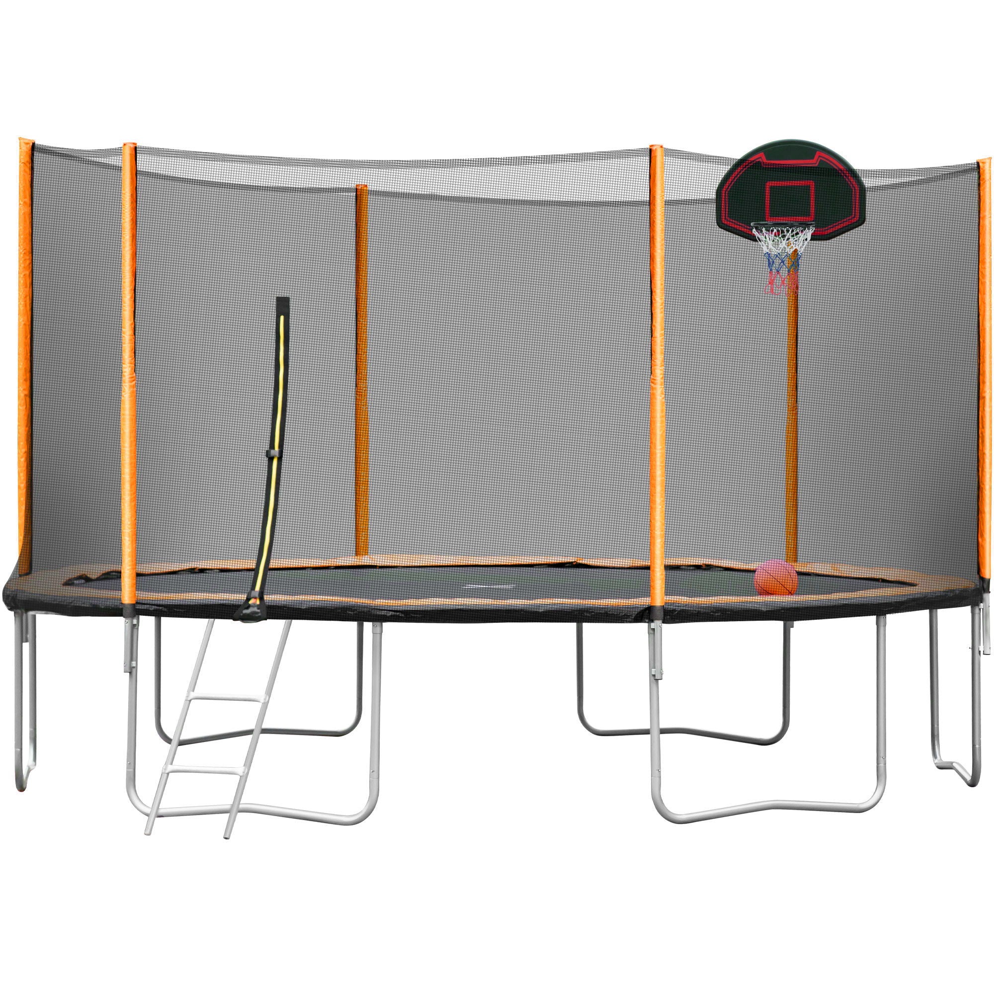 14Ft Powder-Coated Advanced Trampoline With Basketball Hoop Inflator And Ladder (Outer Safety Enclosure) - Orange