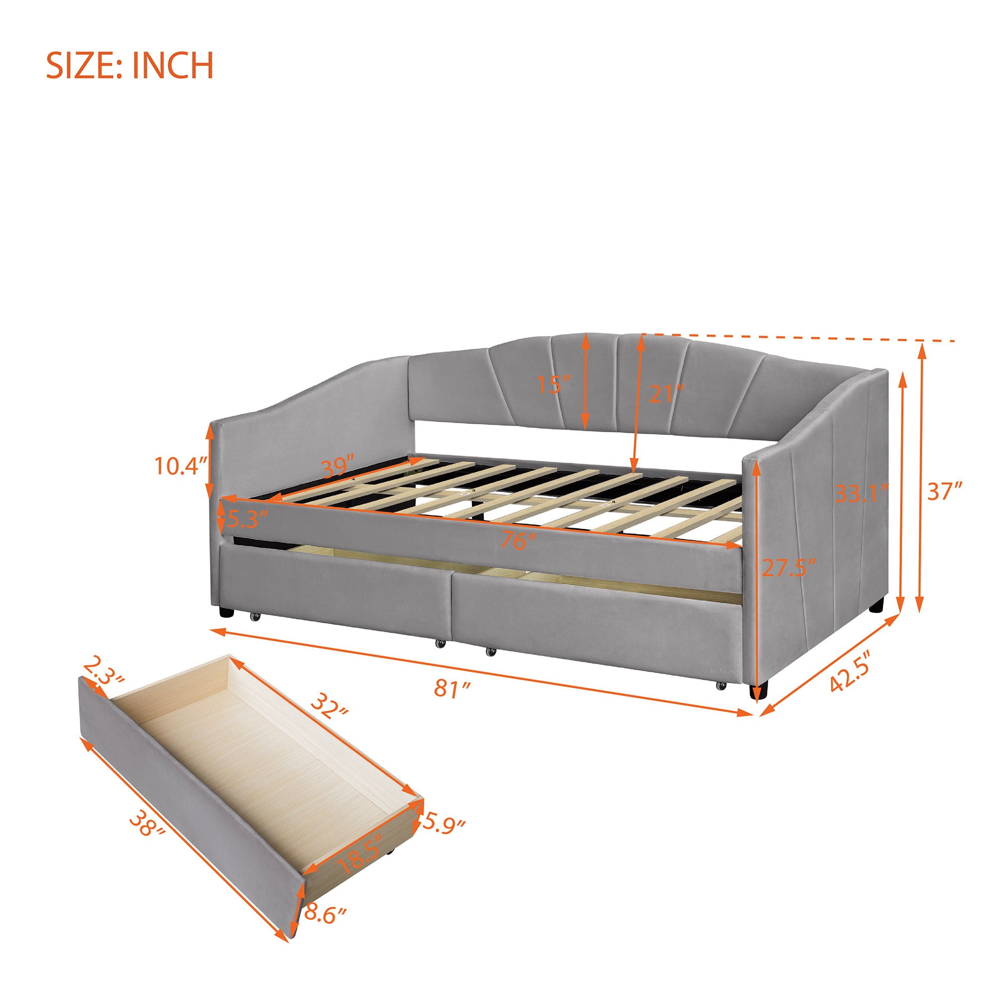 Upholstered Daybed With Two Drawers And Wood Slat