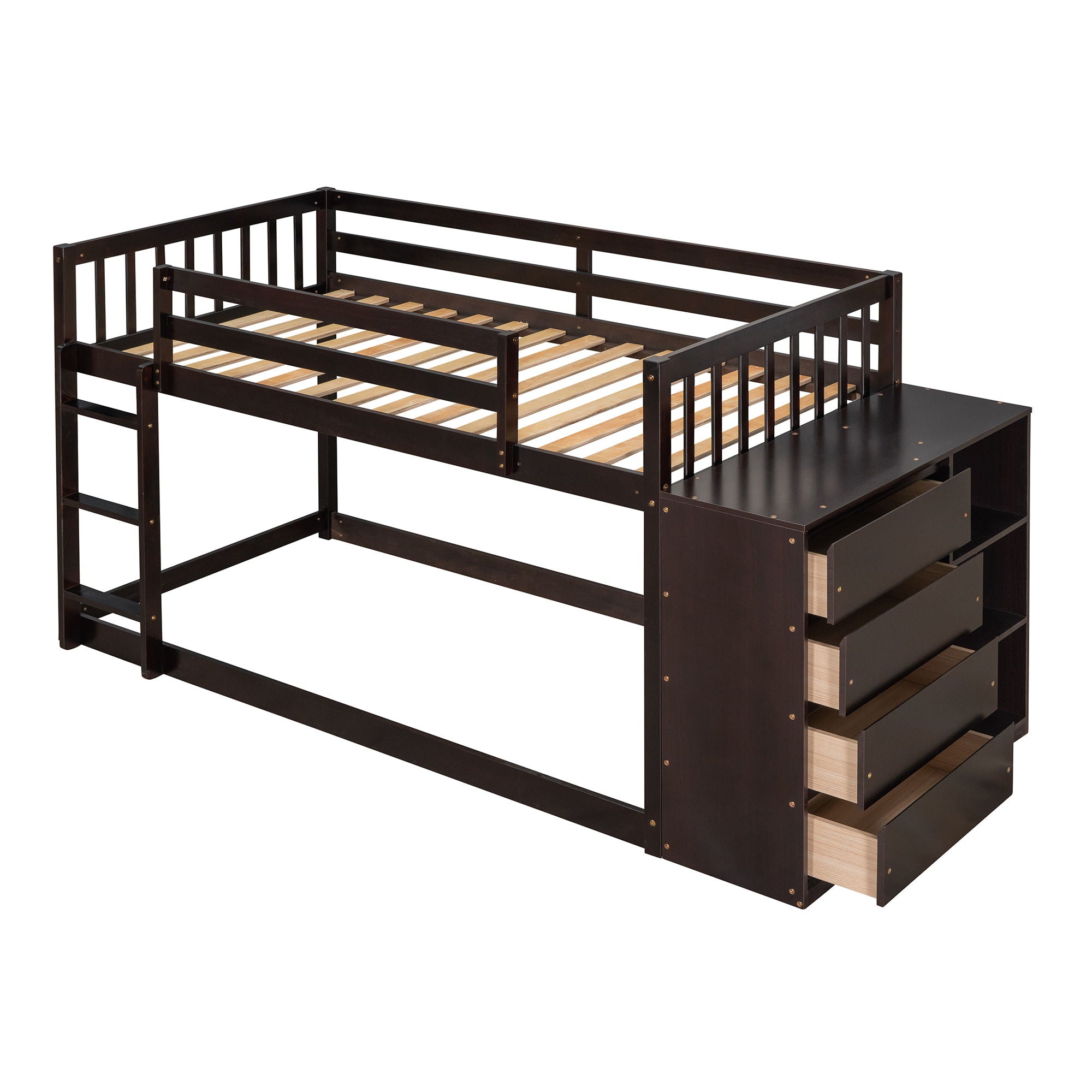 Twin Over Twin Bunk Bed With 4 Drawers And 3 Shelves